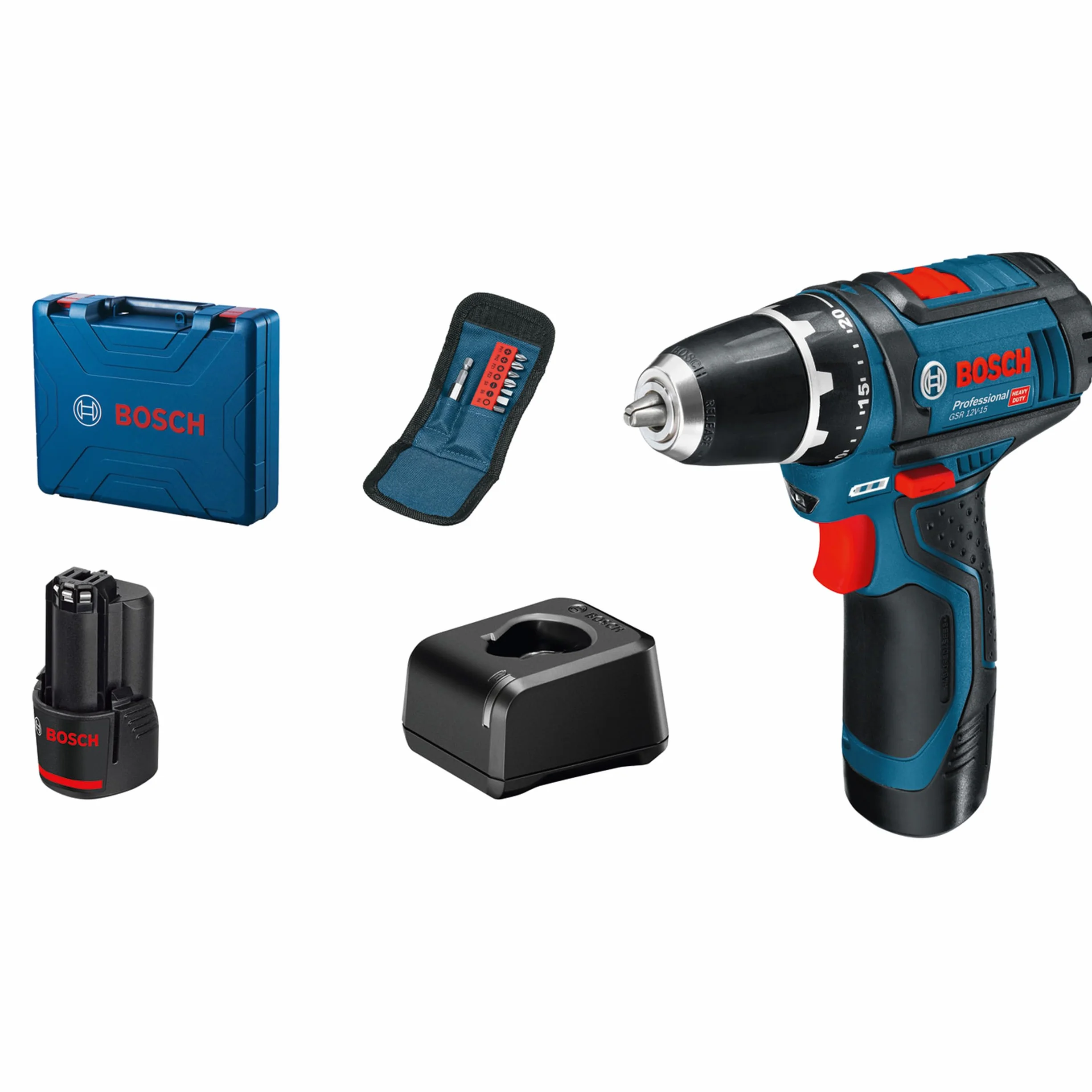Bosch Professional 12V System Trapano-avvitatore a batteria GSR 12V-15 (incl. 2 batterie da 2,0 Ah, caricabatteria GAL 12V-20, accessori, in valigetta)