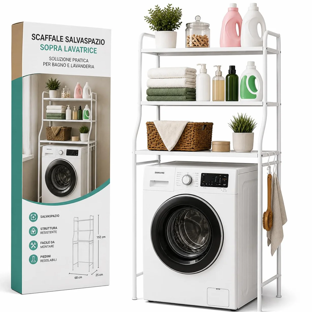 Mobile Lavatrice Salvaspazio con 3 Ripiani STABILE - Scaffale Organizer Bagno e Lavanderia in Acciaio - MONTAGGIO SEMPLICE con Ganci Laterali e Piedini REGOLABILI per Detersivi, Asciugamani e Altro