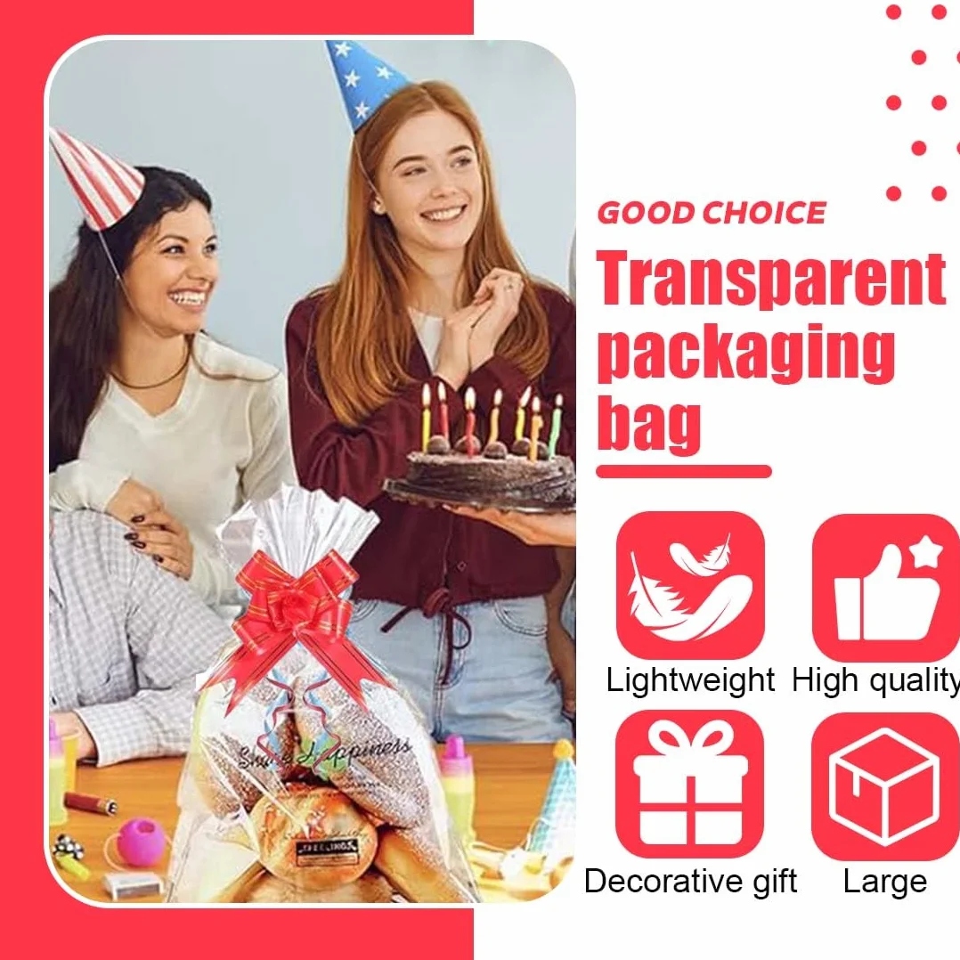 Fogli Cellophane Trasparente Per Confezioni (Grande, 150 X 90Cm), Con 5 Fiocchi Per Regali, Carta Cesti Trasparente, Per Confezioni Regalo, Feste, Eventi (Grande)