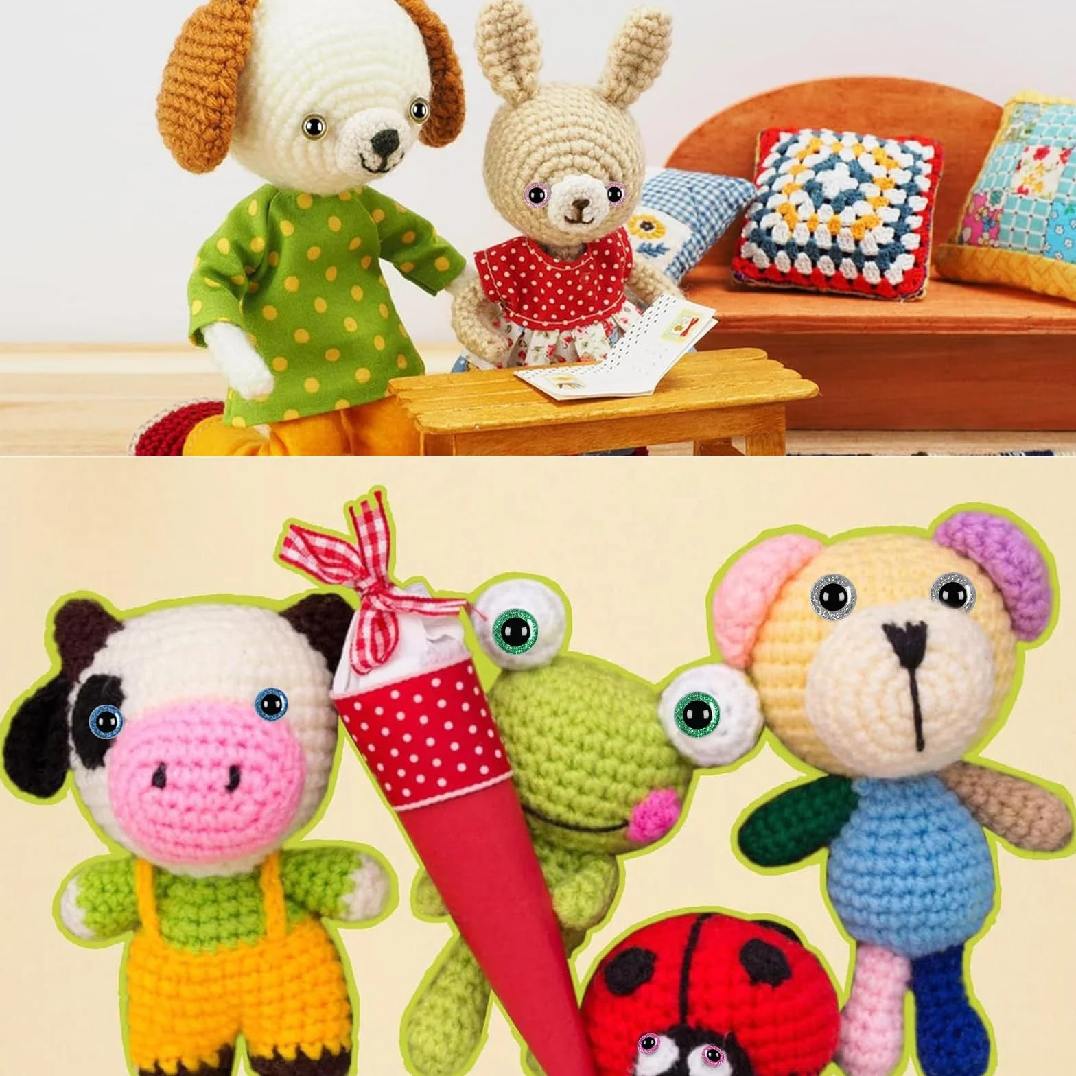 50 Pezzi Occhi per Amigurumi, 12-20mm Occhi Amigurumi, Occhi di Sicurezza per Amigurumi, Glitter Occhi per Pupazzi, Safety Eyes, Occhi Glitterati per Animali con Rondelle per Creazione Bambole