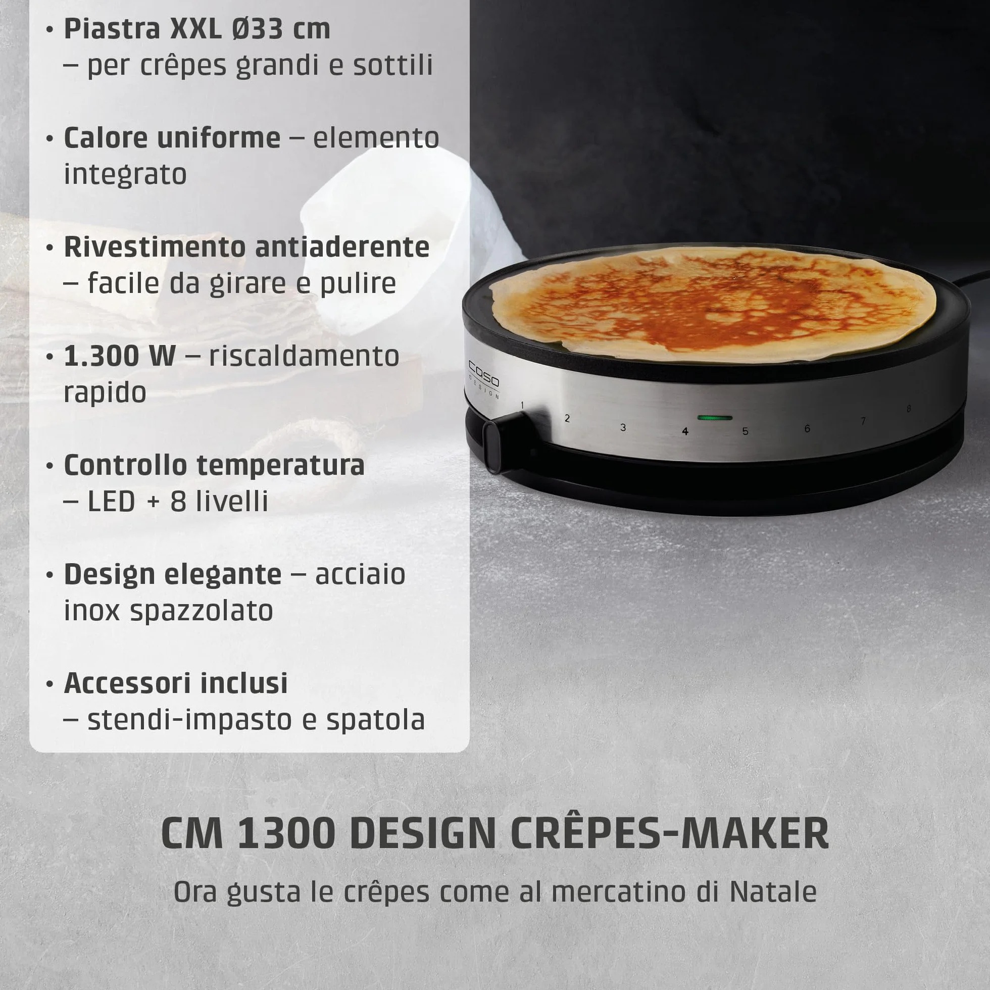 Caso 2930 cm 1300 Design crepes Maker con ampia superficie di cottura, diametro 33 cm, 1300 W