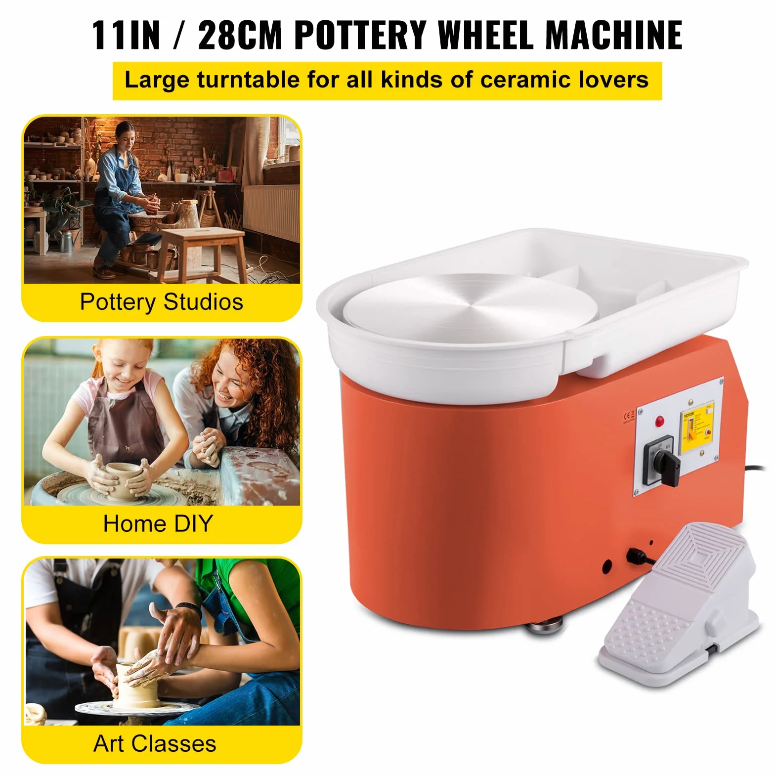 VEVOR Macchina per Argilla Ceramica Pedale, 11 Pollici Potenza 350 W Modello TYLPJ28-OC Macchina per Ruote da Ceramica Arancione per L'Insegnamento Scolastico, Bar in Ceramica e Uso Domestico, ECC