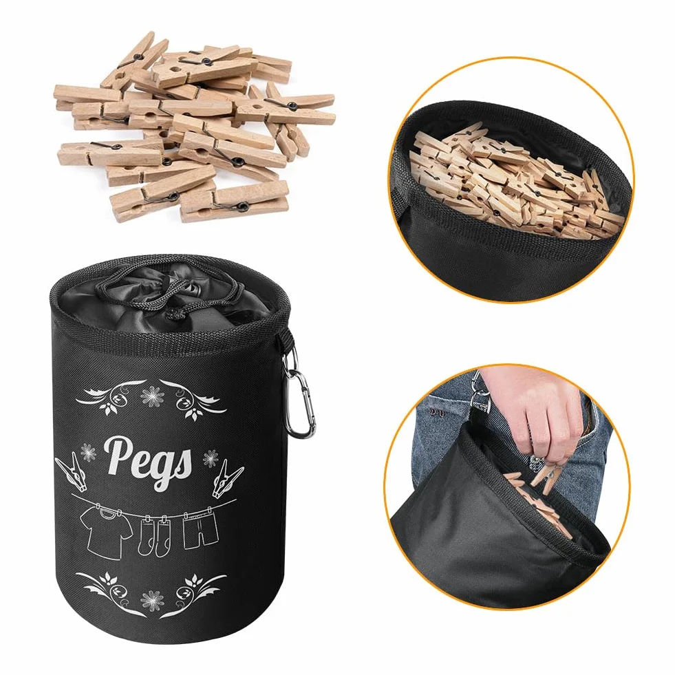 Vicloon Borsa per Mollette, Borsa per Mollette da Bucato con Gancio, Borse per Grande Porta Mollette da Bucato con Chiusura a Cordoncino per Riporre, Capacità 200 Mollette (Lettere Nere)