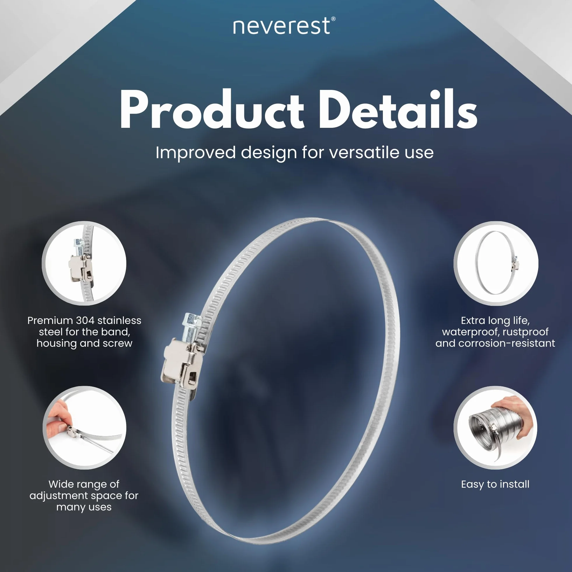 neverest® Set di 2 fascette stringitubo professionali in acciaio inox, 150 mm, fascetta stringitubo con attacco a vite per asciugatrice, tubo di scarico, tubo in alluminio flessibile, ventilatore di