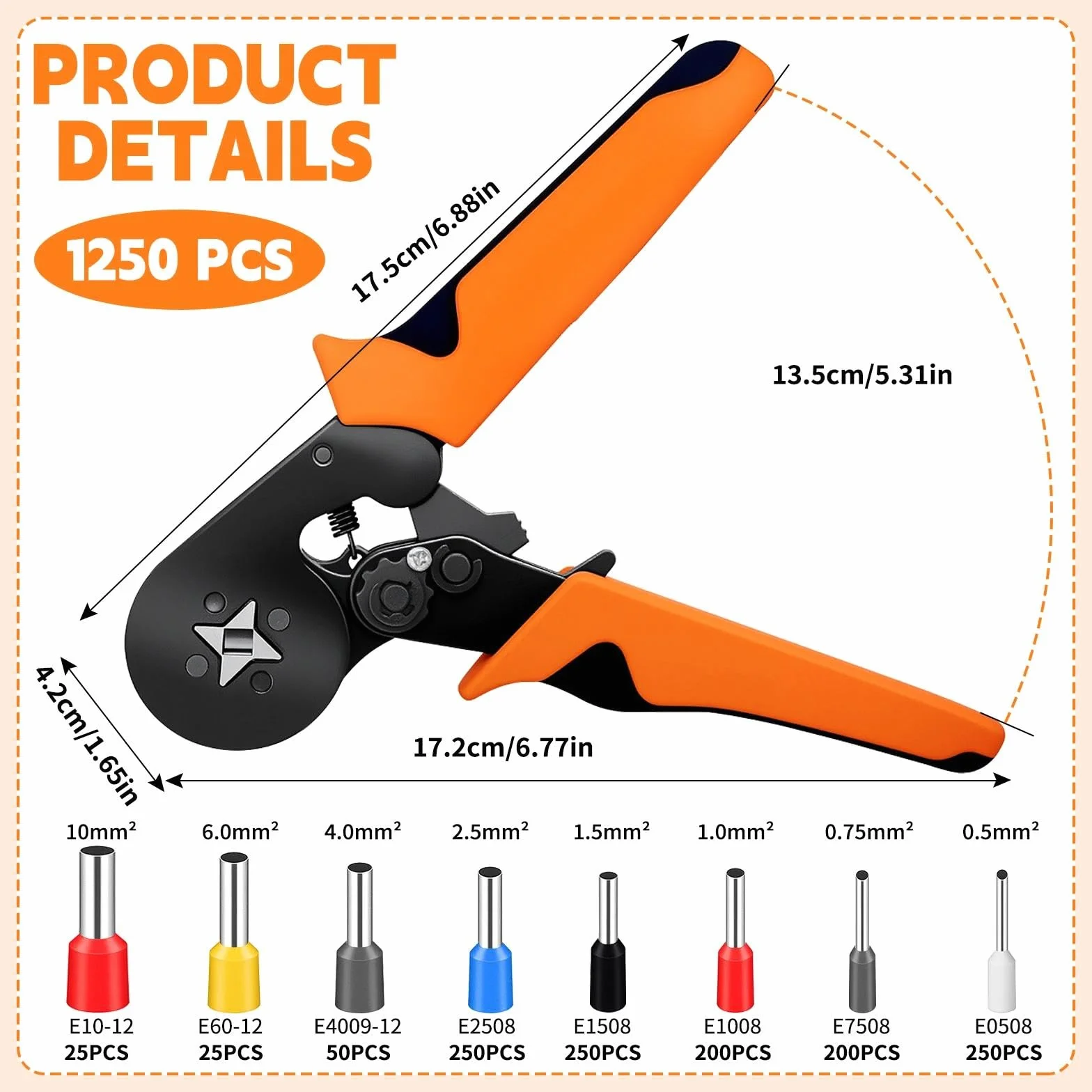 Pinza Crimpatrice Set con 1250 Capicorda, Pinza Capicorda a Ratchet 0,25–10 mm², Crimpatrice per Terminali Elettrici, Kit Elettricista per Auto e Installazioni Elettriche
