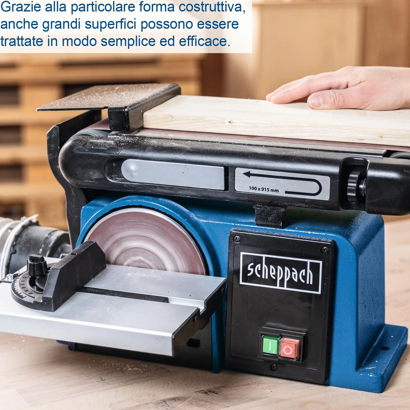 Levigatrice a nastro e disco Scheppach BTS800 | Potenza 370 W | Lunghezza nastro 715 mm - larghezza 100 mm | Disco abrasivo Ø 150 mm | Tavolo di appoggio regolabile 90°–45°