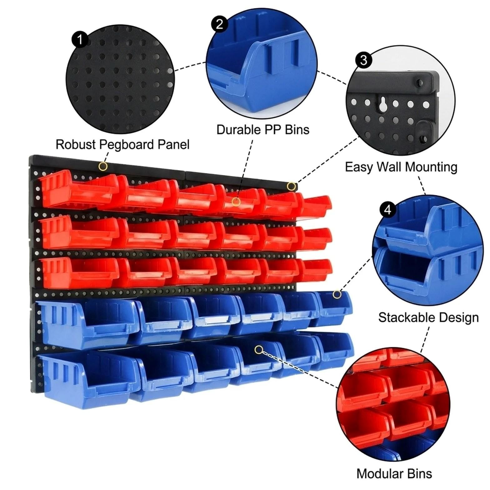 30 Scatole Portaoggetti con Pannello Forato, Scaffale per Componenti Facilmente Accessibile, Organizer per Utensili, Forniture per Ufficio, Garage, Rosso Blu