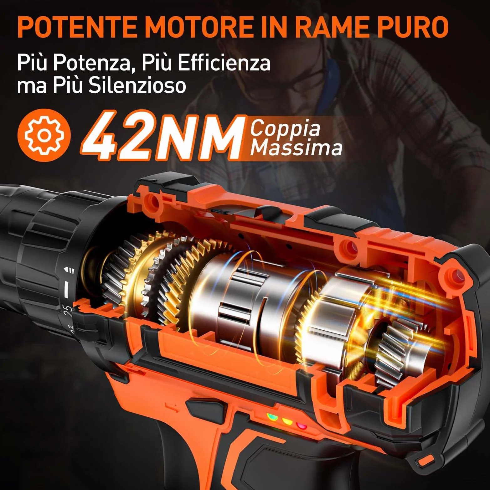 Trapano Avvitatore a Batteria 20V, 2 Batterie 2.0Ah, Max 42Nm, 25+1 Impostazione Coppia, LED Luce, 2 Velocità, 24 Accessori, 10mm Mandrino Autoserrante, per Riparazione, Fai da te