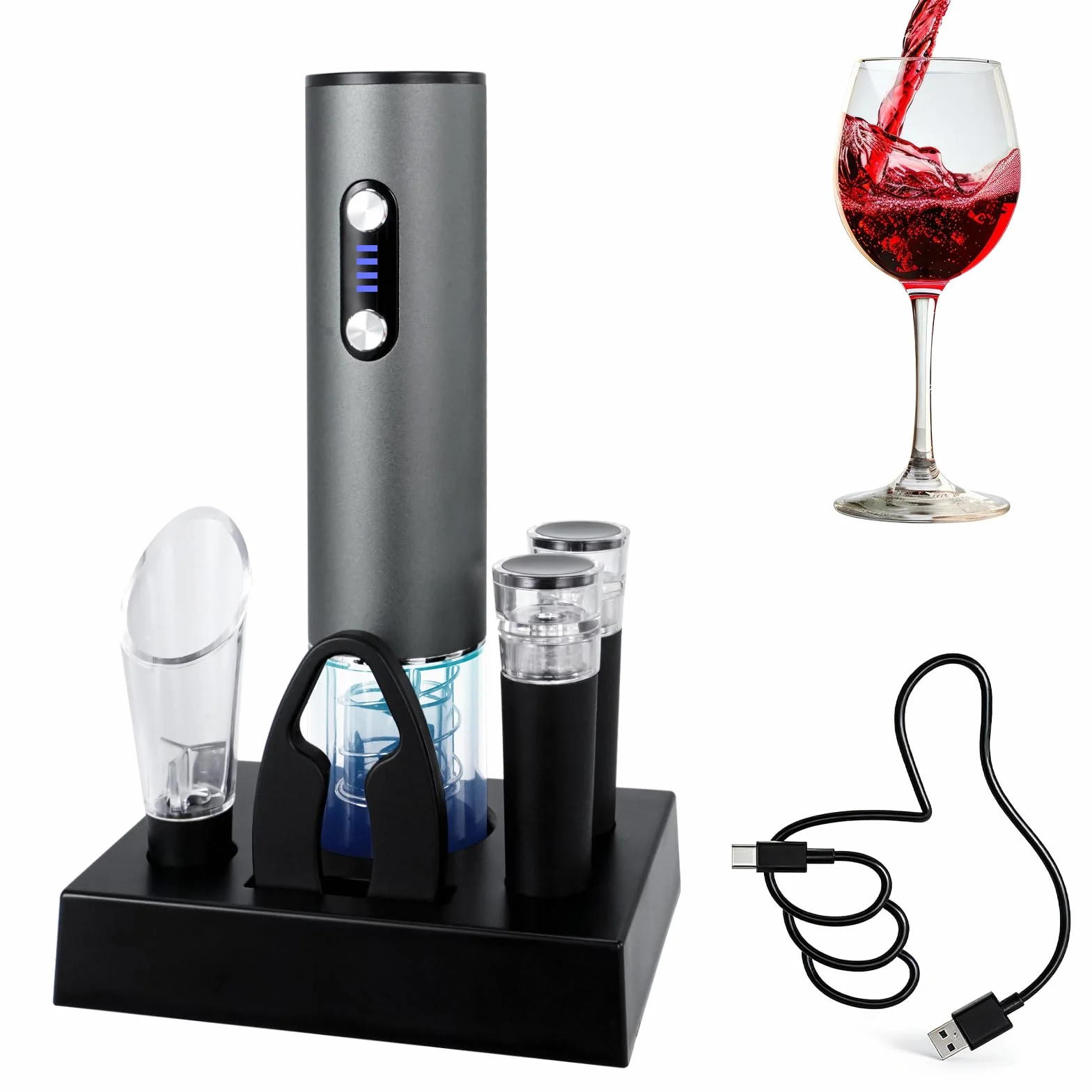 Automtic - Apribottiglie elettrico per vino, ricaricabile USB-C, con tagliacapsule, aeratore versatore per vino, 2 tappi sottovuoto e base di stoccaggio
