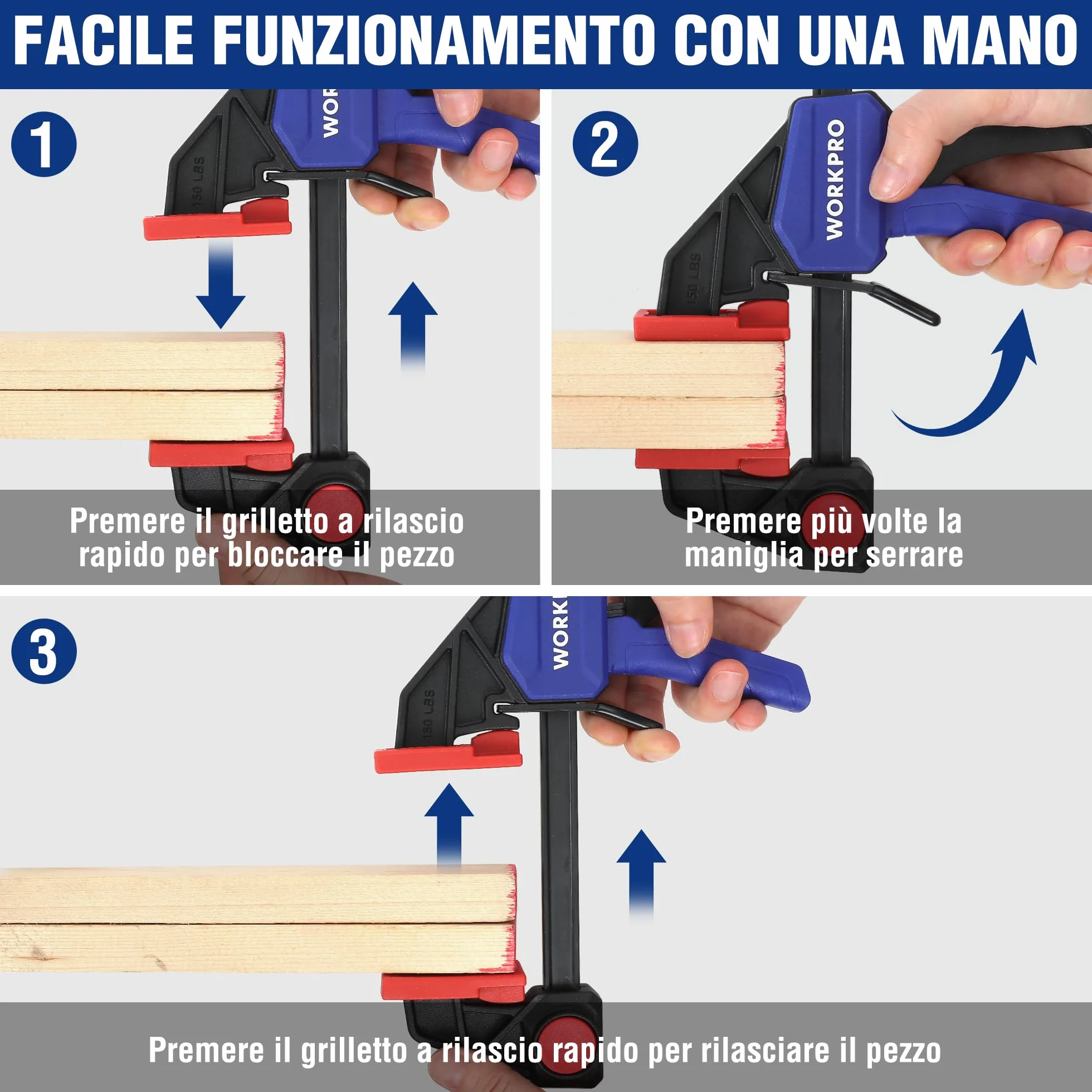 WORKPRO Set di Morsetti da Falegname a 4 Pezzi, Morsa Regolabile con Apertura 120/150 mm, Estensibilità 200/285 mm, Forza di Serraggio 23/68 kg, Realizzati in Acciaio e Nylon per una Fissaggio Preciso