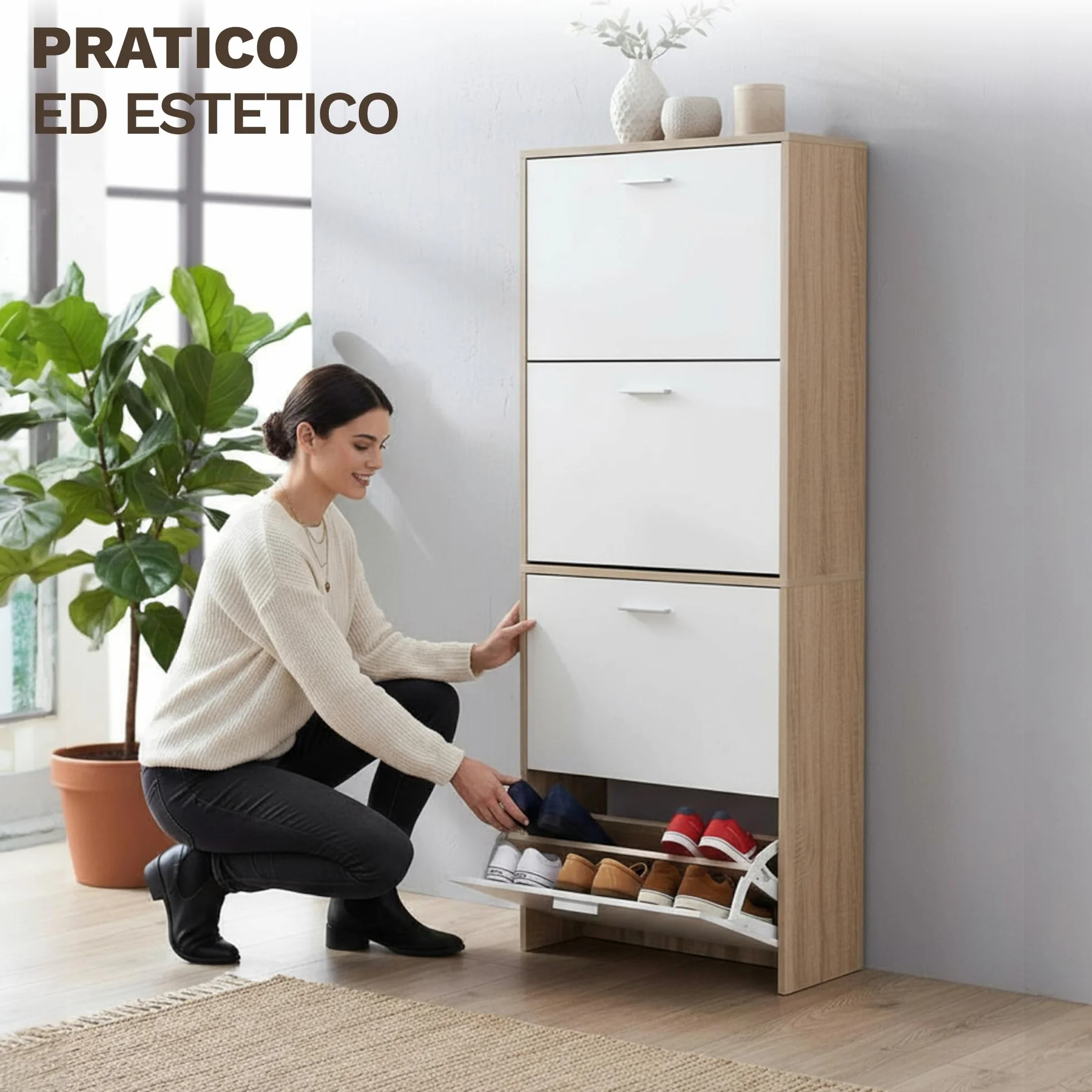 CATAVANA Scarpiera salvaspazio slim 60 cm in legno bianco, scarpiera da ingresso con 4 ante, scarpiera 24 paia, design moderno alto e stretto, ideale come portascarpe ingresso