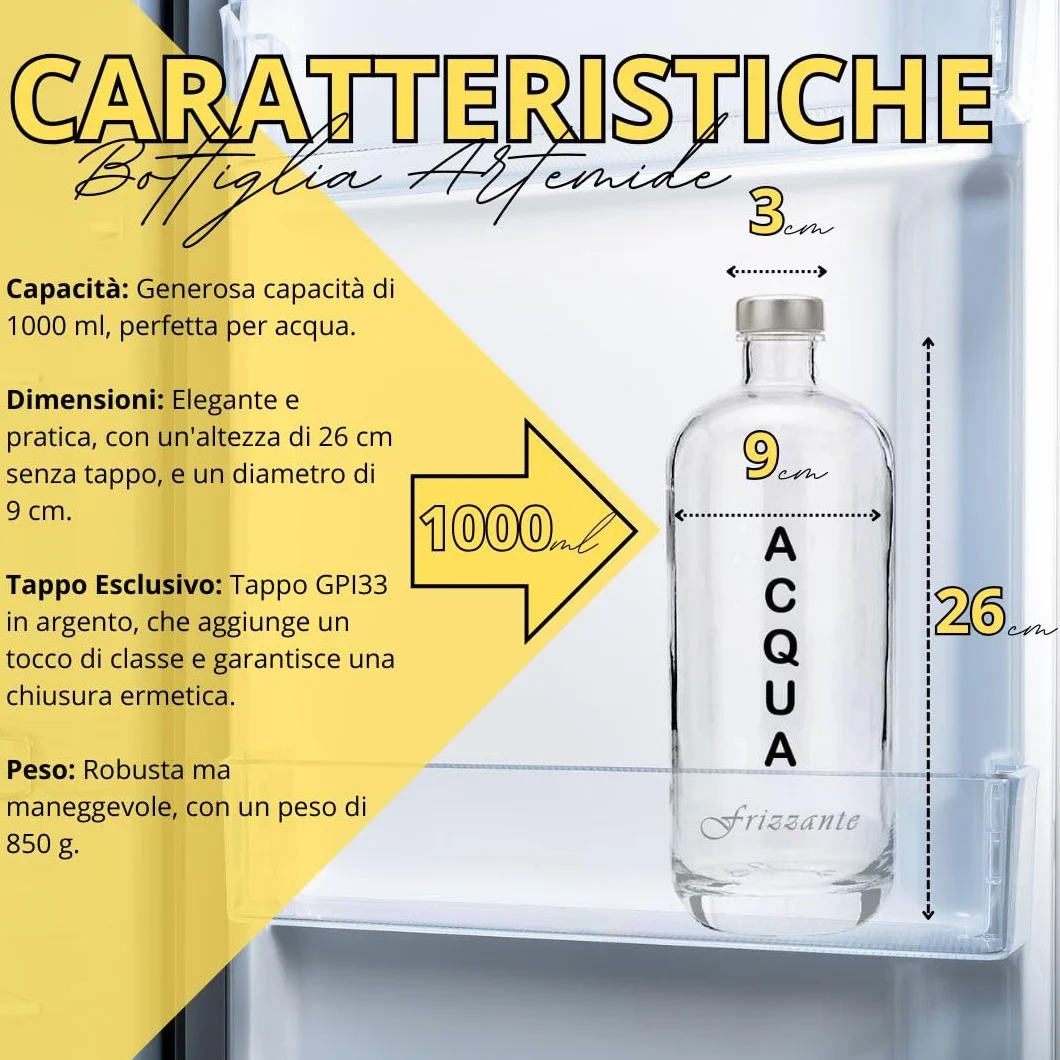 Bottiglie Vetro ARTEMIDE 1 Litro Serigrafia Frizzante Tappo Vite Argento