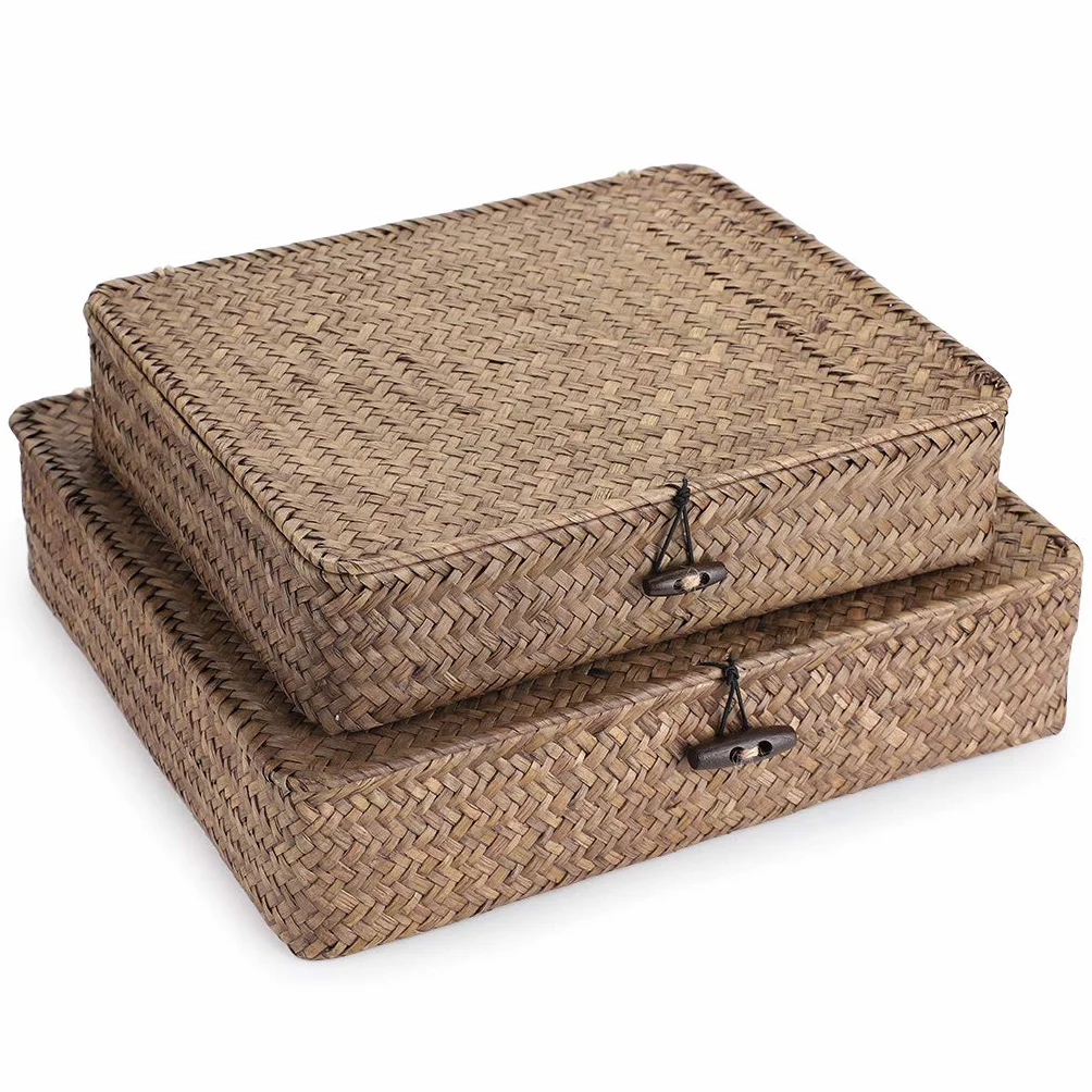 SUMNACON 2 cestini in rattan naturale con coperchio, fatti a mano, per cucina, bagno, camera da letto, grandi e piccoli (rettangolari, marroni)