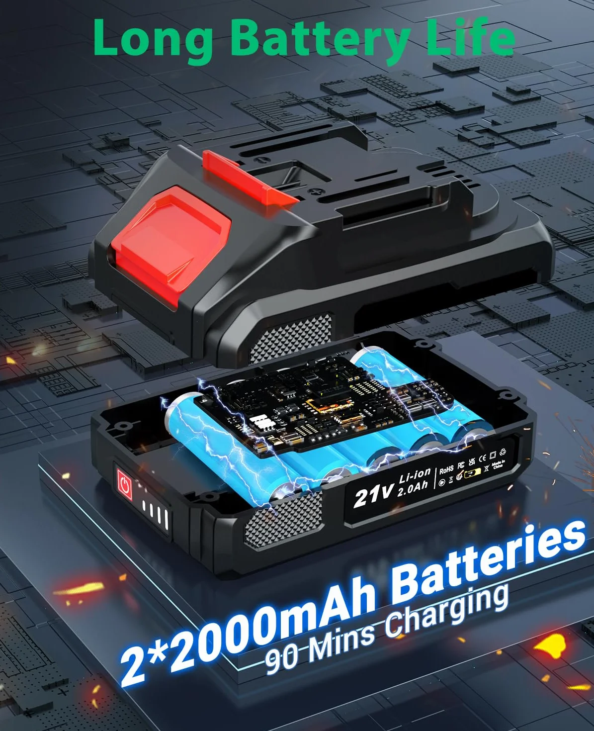Trapano Avvitatore Batteria Brushless 21V, CEEIGOO Avvitatore a Batteria con 2 Batterie da 2.0Ah, 42N.m di Coppia, 2 Velocità, 18+1 Coppia, 14 Accessori, Luce a LED, Per il fai da te