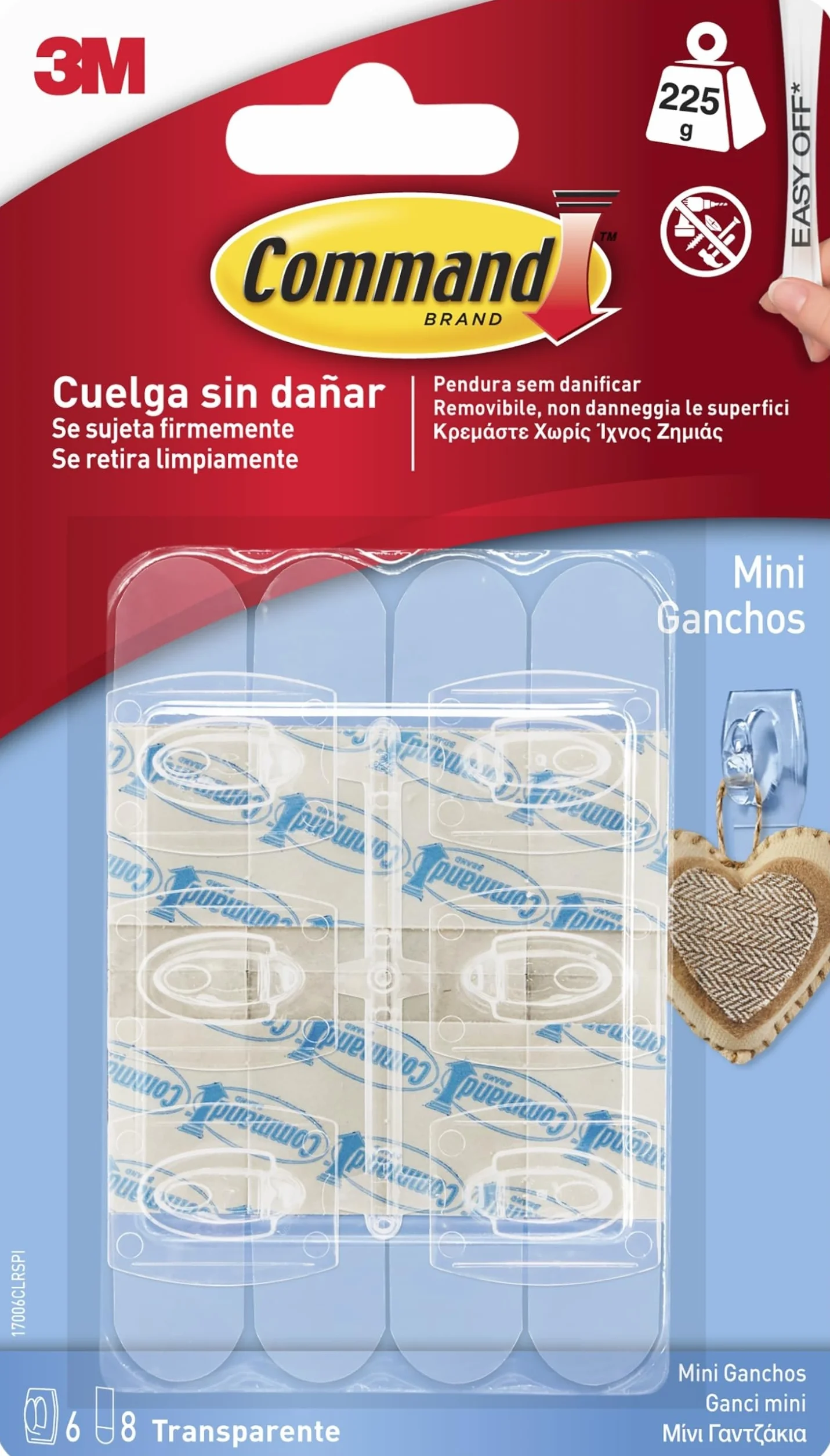 Command Mini Ganci Adesivi Trasparenti per Decorazioni Interne, 6 Ganci e 8 Strisce, Tenuta 225g