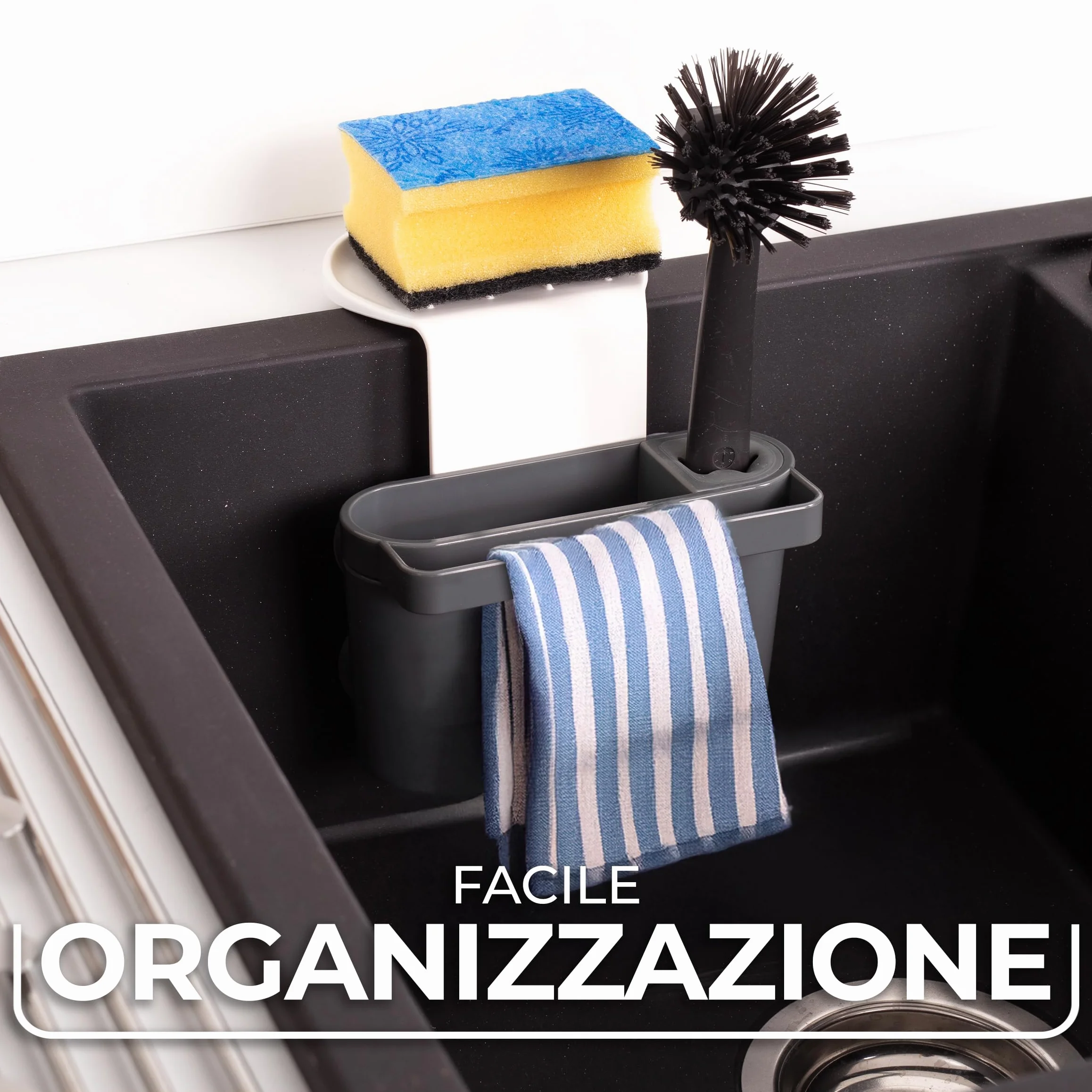 Vileda Portaspugna per Lavello con Ventosa Grigio Scuro – Organizer Lavandino Senza Foratura con Drenaggio Acqua