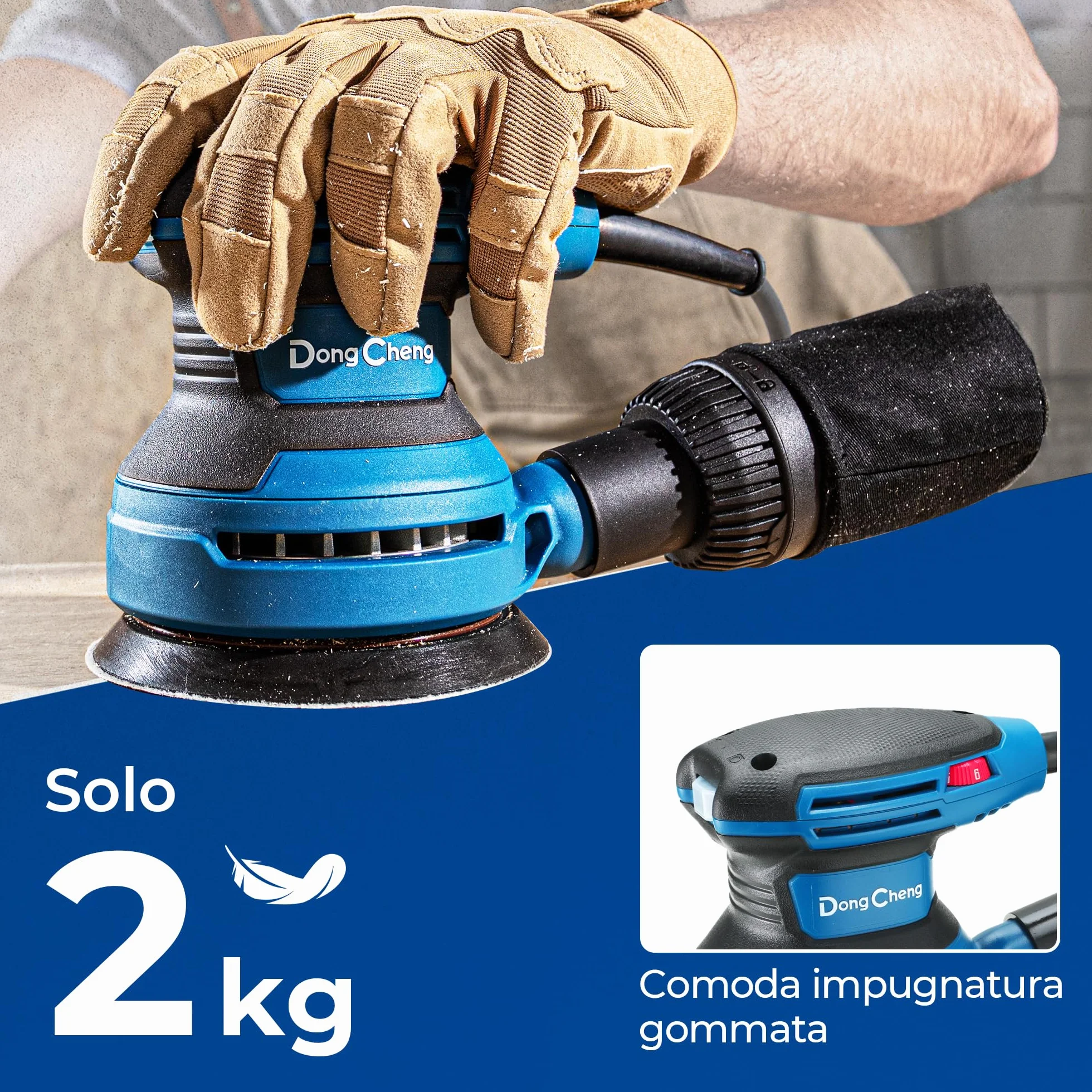 Dong Cheng Levigatrice eccentrica 380 W 125 mm 6 vel. 8000-12800 giri/min con depolveratore 20 dischi abrasivi