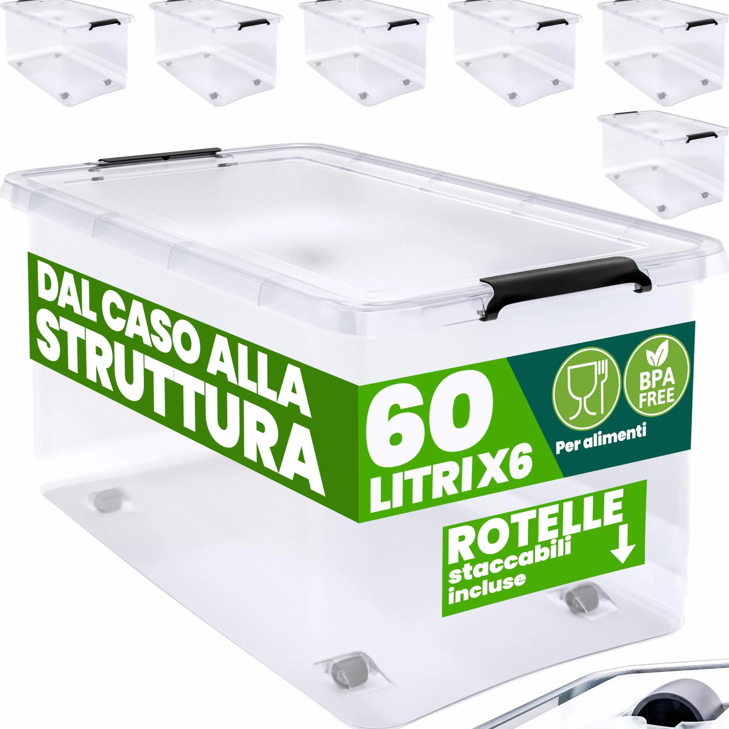 Deuba® 6X 60L Scatole in Plastica Trasparente Senza BPA Contenitori con Coperchio Impilabili Ruote Cassette Salvaspazio