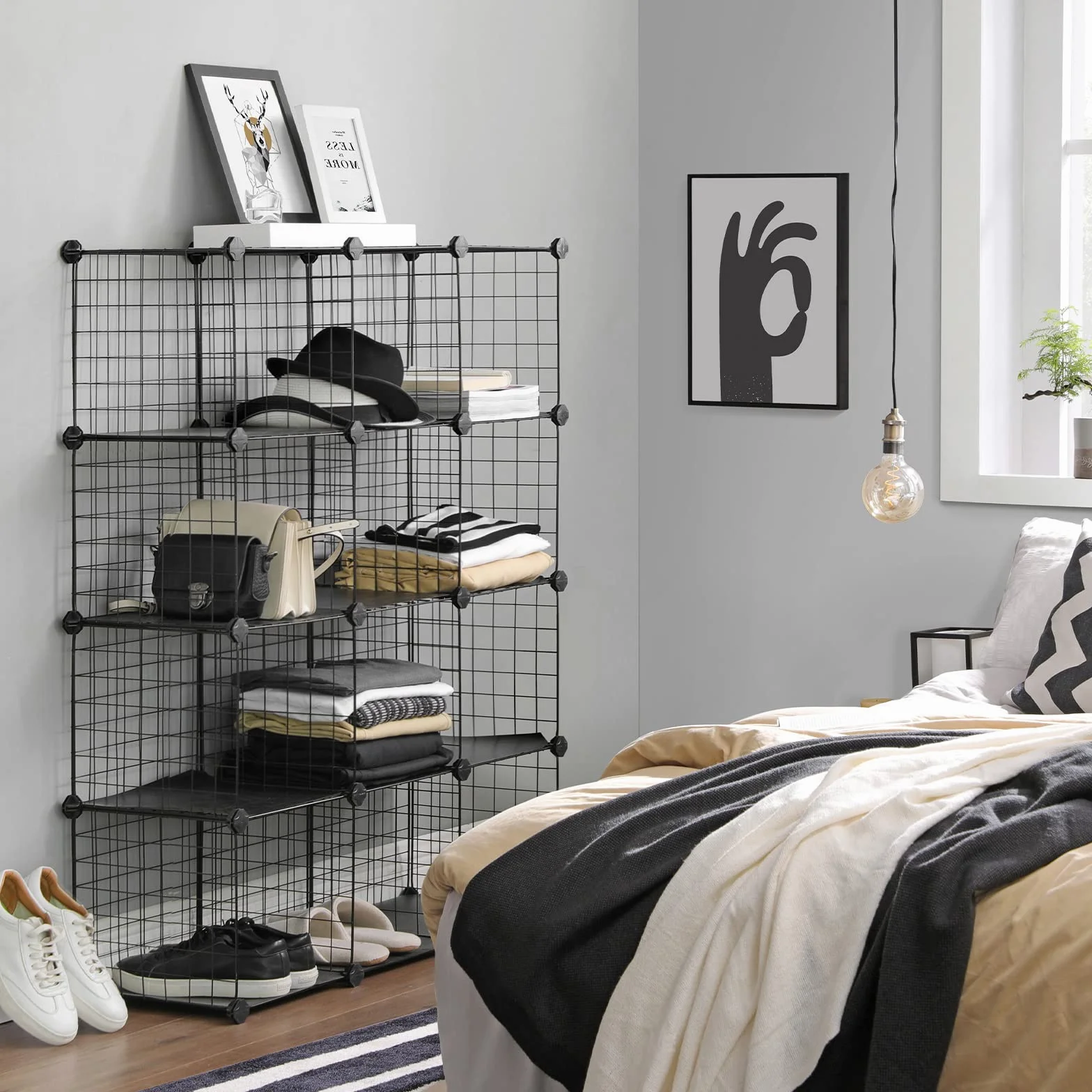 SONGMICS Scaffale a 12 Scomparti di Griglia Metallica, Organizzatore Modulare ad Incastro con Pannelli di Plastica PP, per Libri Scarpe Vestiti, Soggiorno Bagno, 31 x 93 x 123 cm, Nero LPI34H