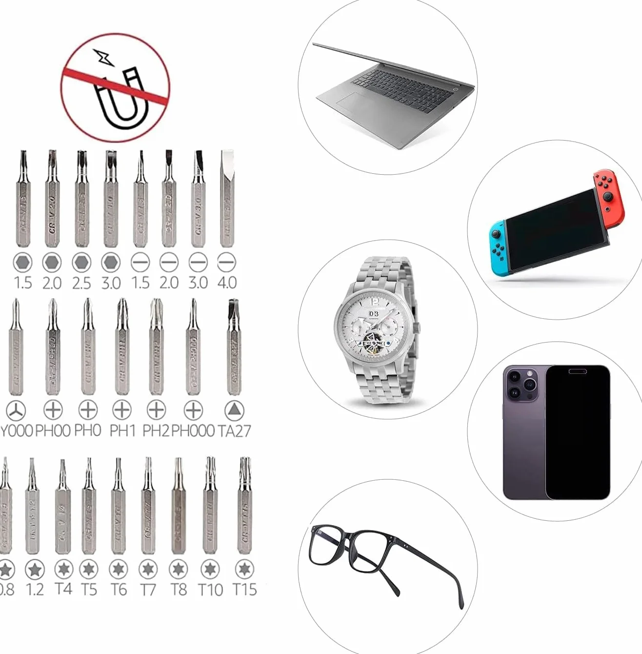 Amazon Basics Set di chiavi a cricchetto magnetiche e cacciaviti di precisione per elettronica, 73 unità, confezione da 1, Nero, Rosso, Argento
