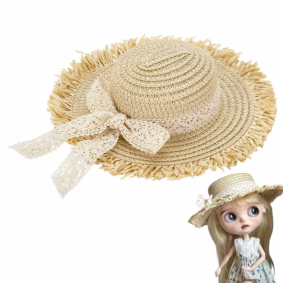 FINGERINSPIRE Cappelli di Paglia per Artigianato 87.5mm di Diametro Colore Beige Piccoli Cappelli di Pagliacon Fiocco Bianco Piccole Decorazioni da Cowboy Berretto Intrecciato per Accessori Fai da Te