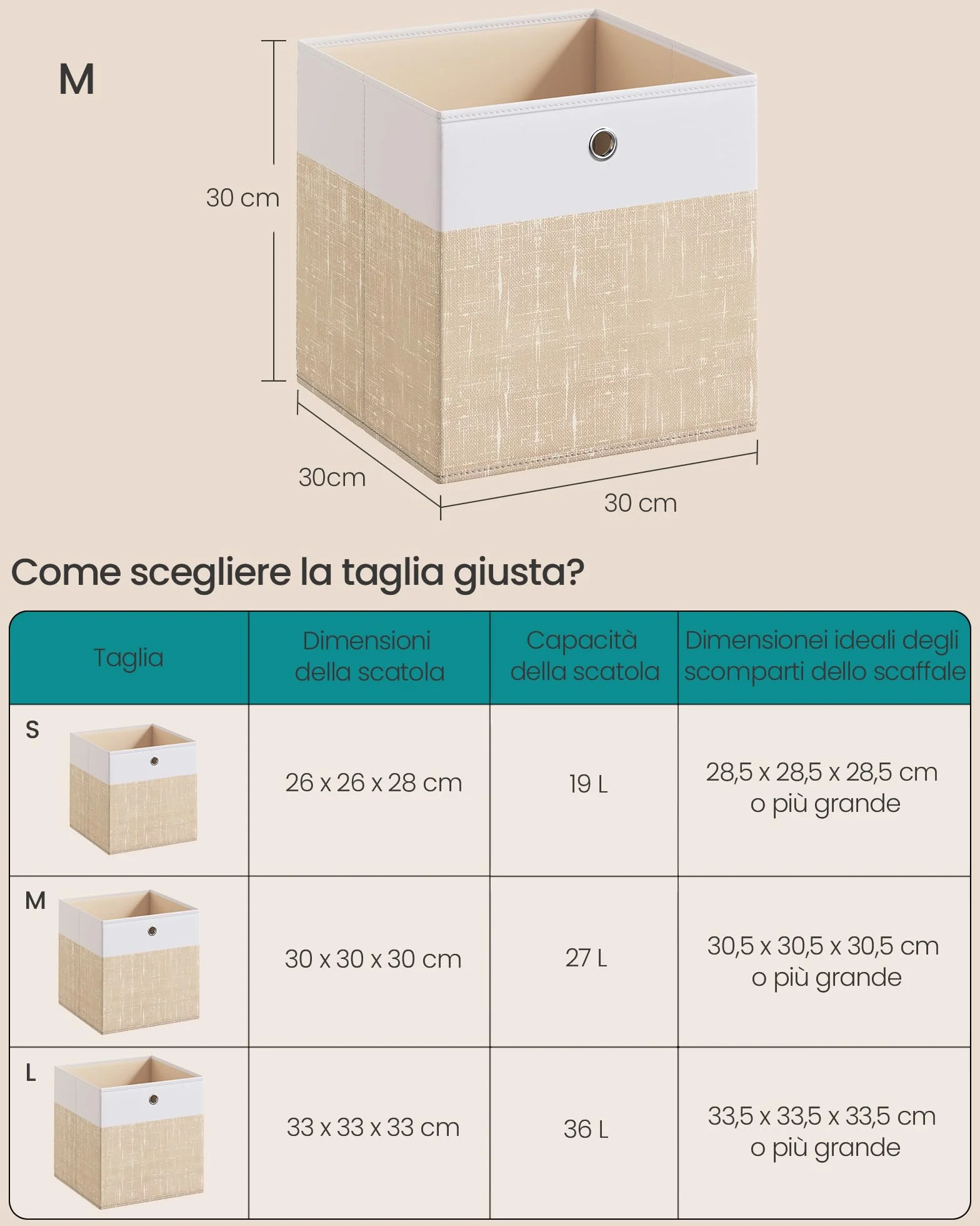 SONGMICS Scatole Portaoggetti Set di 6 Contenitori in Tessuto Pieghevoli 30x30x30 cm Bianco Nuvola Beige Sabbia