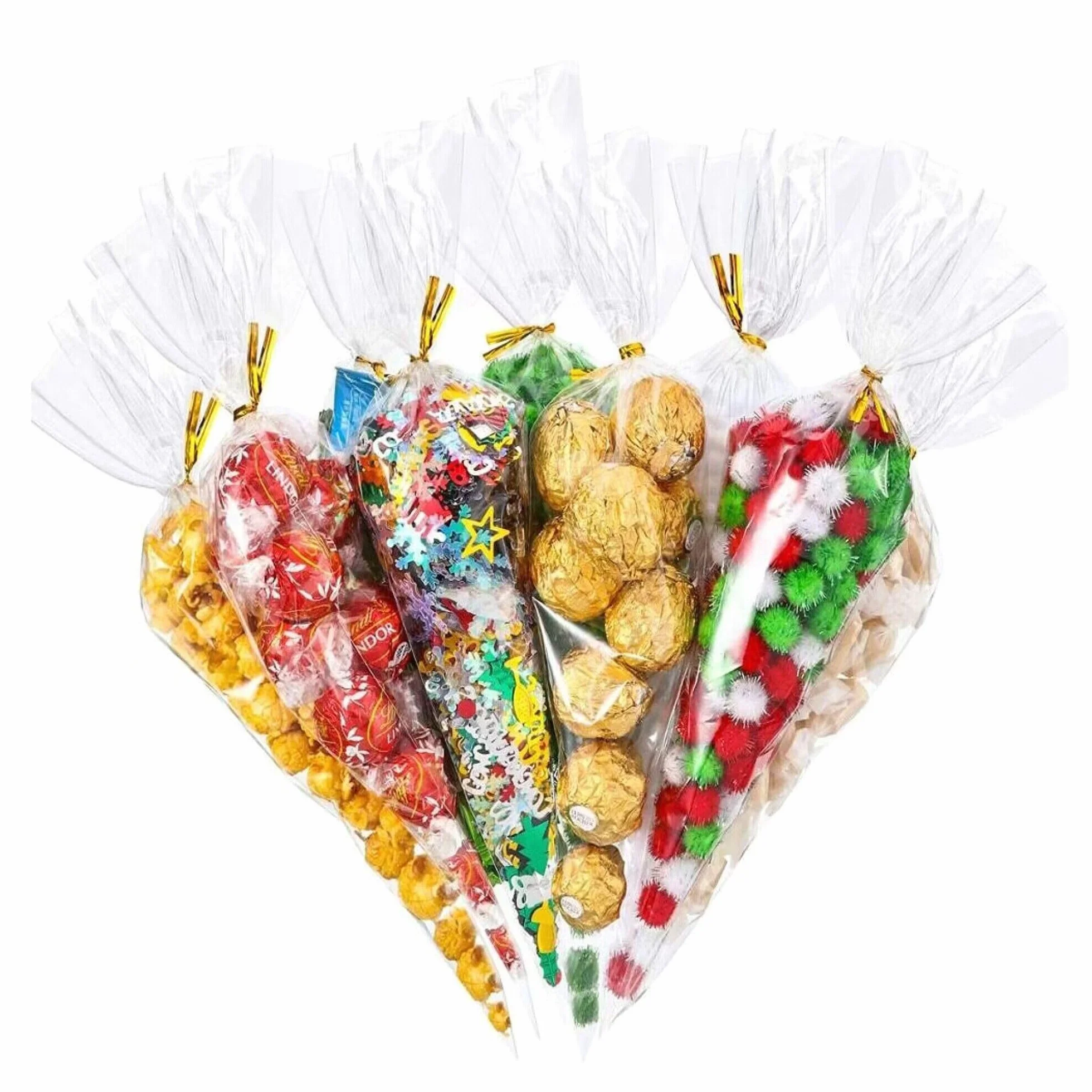 Sacchetti di Cellophane Caramelle 100 Pezzi 13x25cm Triangolo Buste Trasparenti in Cellophan per Confetti Sacchetti di Cono Plastica con 100 Cintura Attorcigliata Dorata per Nozze Compleanno Natale