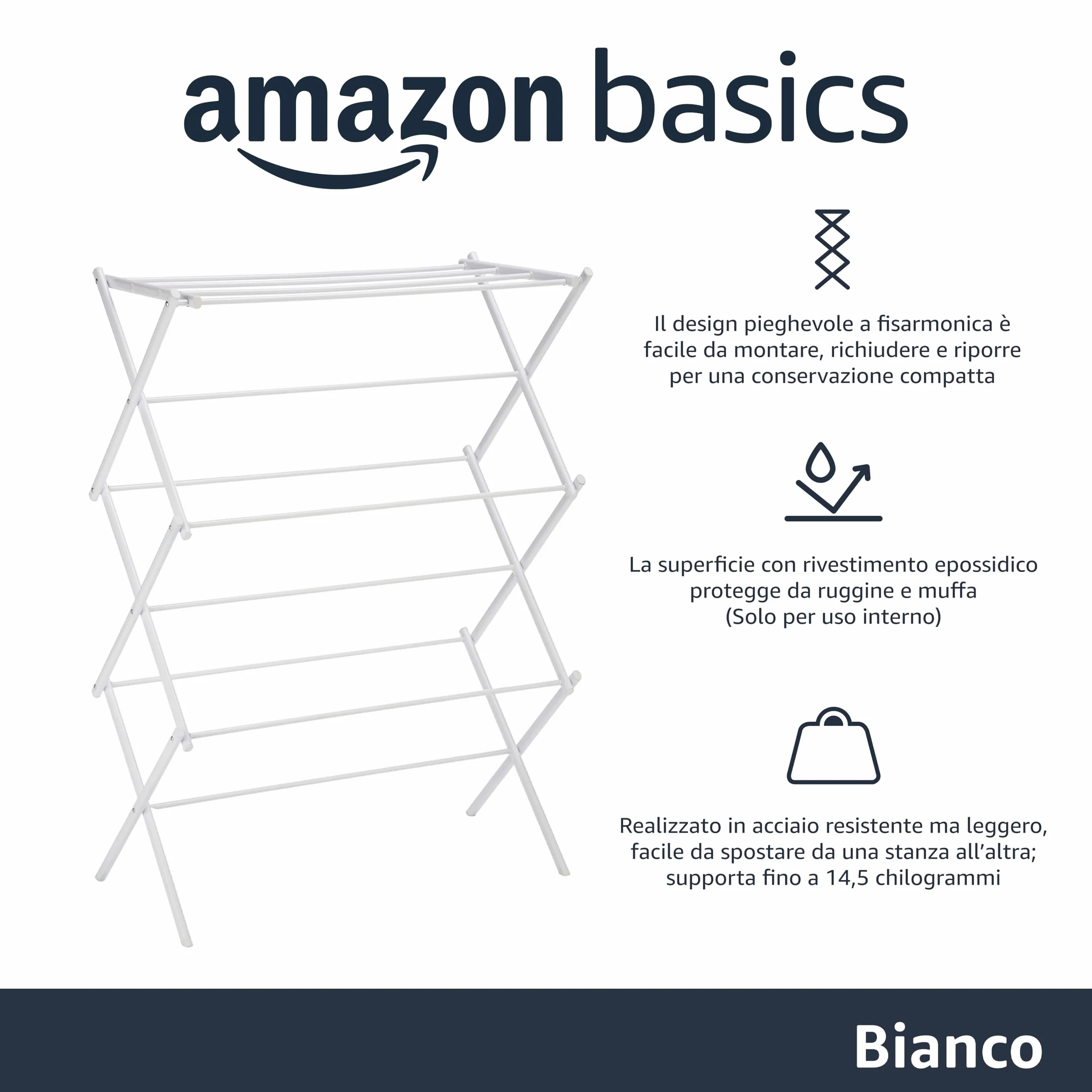 Amazon Basics Stendibiancheria pieghevole, 14.5" D x 29.5" W x 41.8" H, bianco.