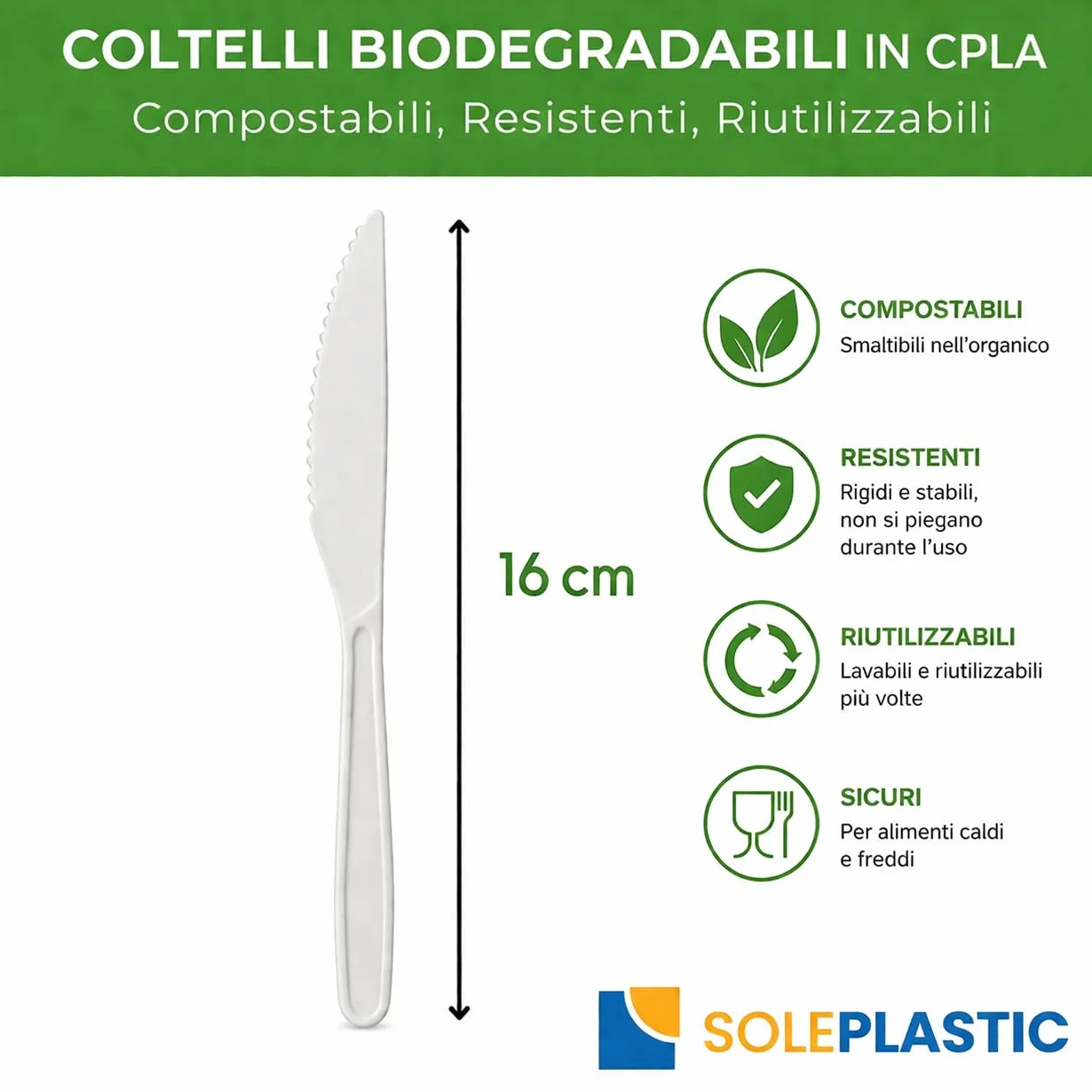 SOLEPLASTIC 50 Coltelli Riutilizzabili 16 cm Bianco Posate Ecologiche per Catering