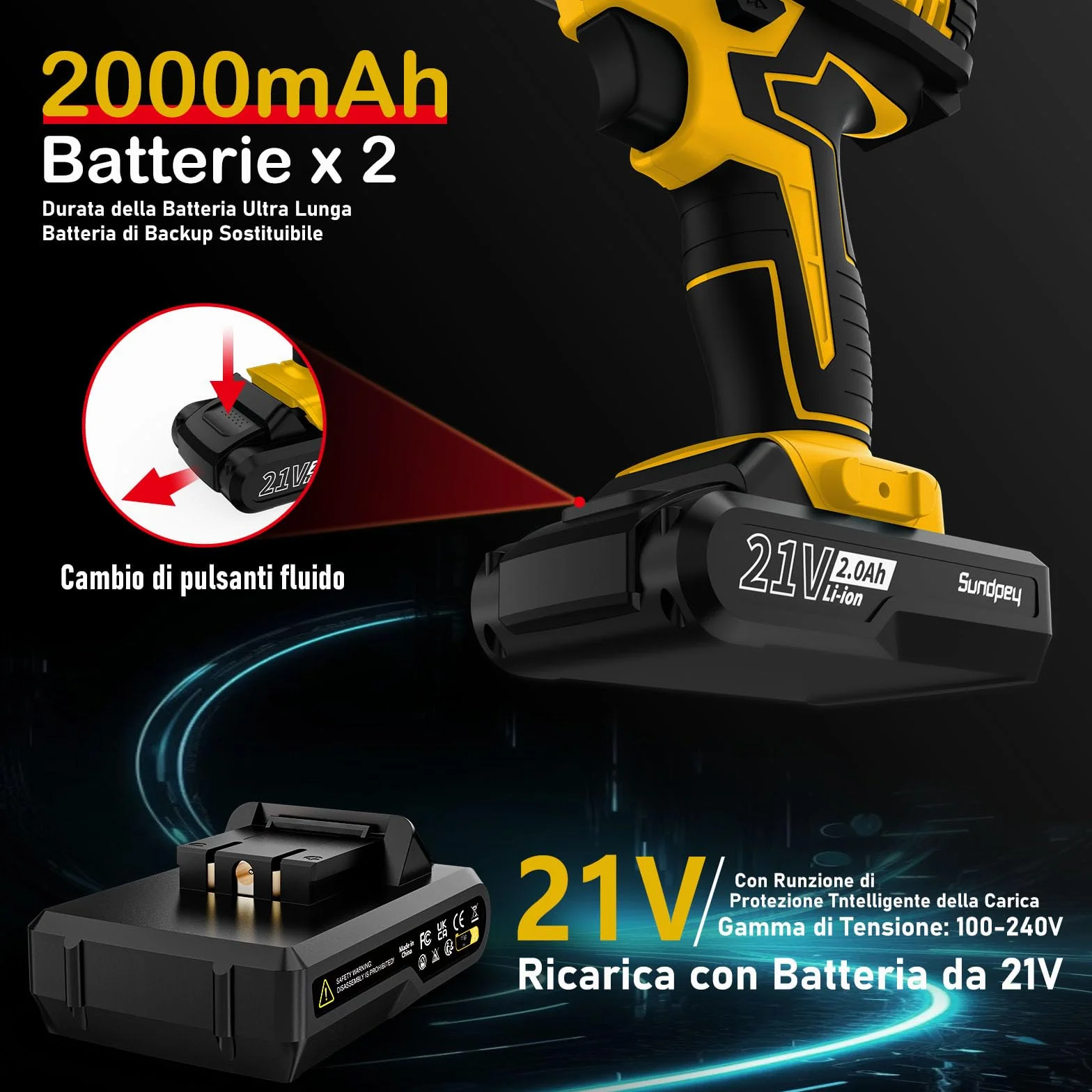 Sundpey Trapano Avvitatore Batteria 21V - Avvitatore a Batteria con 2 Batterie da 2.0Ah, 45Nm Max, 18+1 Coppia, 10mm Mandrino Trapano, Led Luce, 2 Velocita, 19pcs Avvitatore Elettrico Per Fai da te