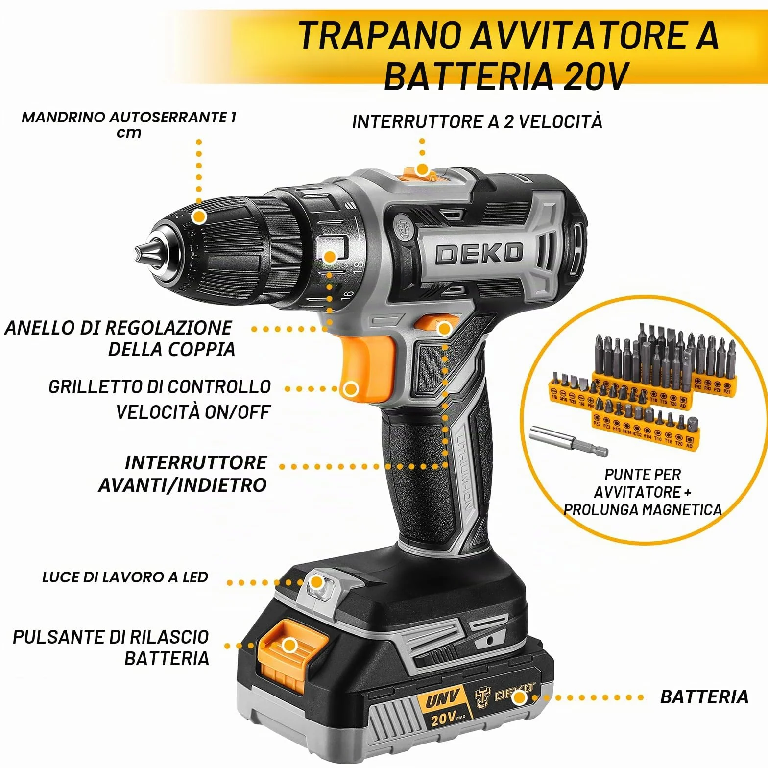 DEKO Cassetta Attrezzi Completa Trapano Avvitatore 20V 186 Pezzi Set Punte