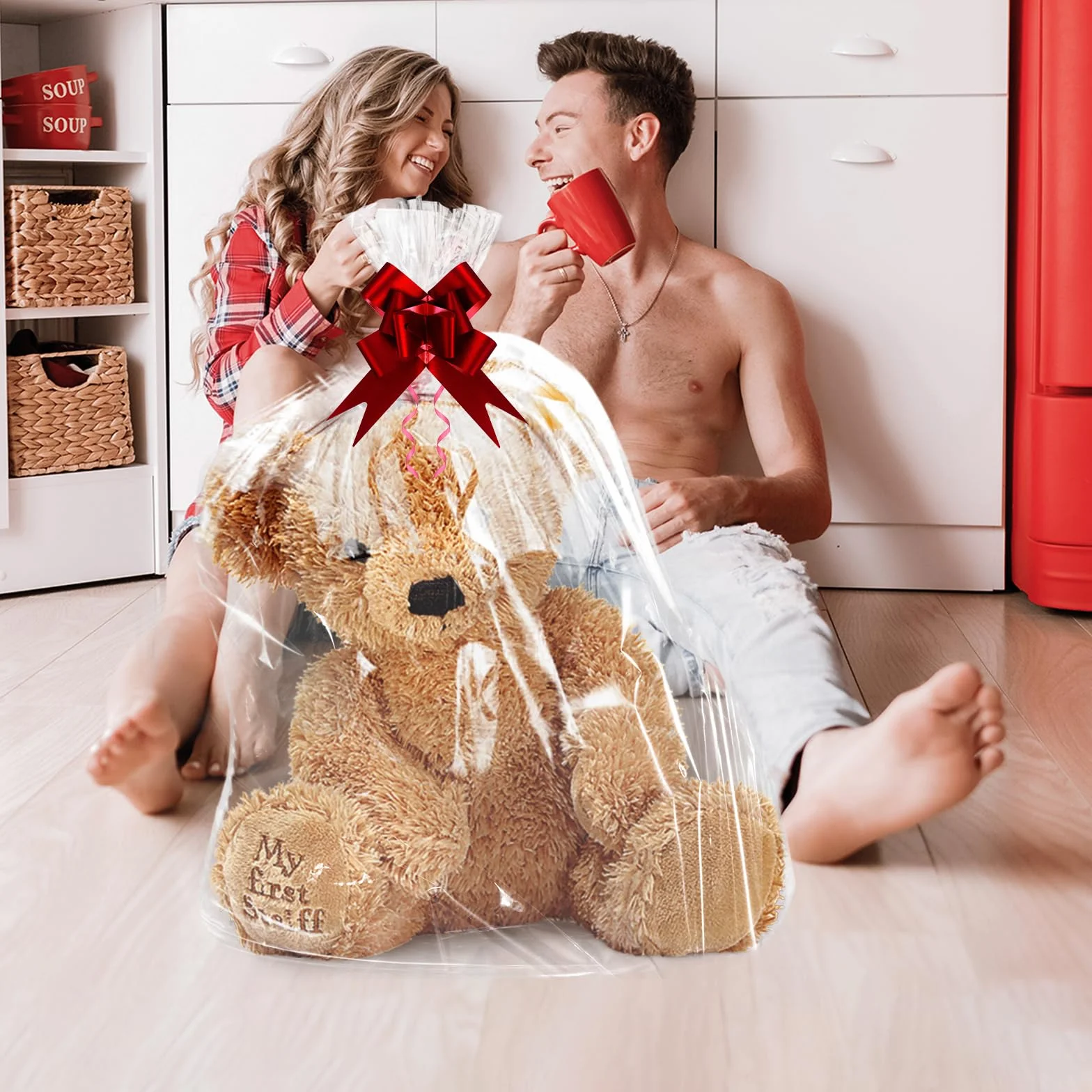 AWCIGG Set Di Sacchetti Grandi in Cellophane per Cesti Regalo, Inclusi 10 Sacchetti di Plastica da 95 x 70 cm, 10 Fiocchi e Lacci, Sacchetti di Carta Trasparente per Cesti E Bouquet Natalizi