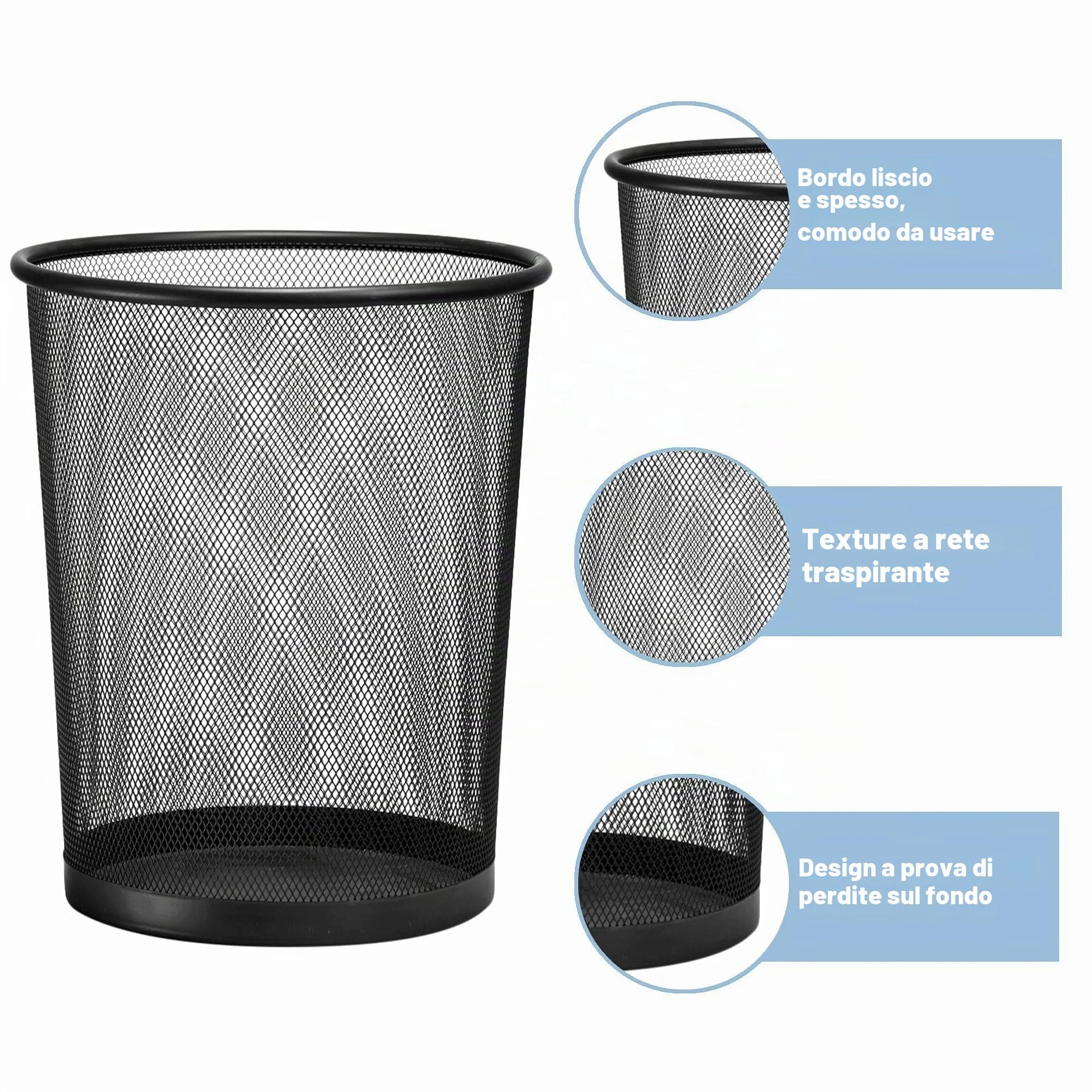 D.RECT Cestino per la Carta XXL | 19L, 27x28cm, Forma Circolare | In Rete| Cestino Gettacarte Metallo| Cestino Carta Ufficio | Nero