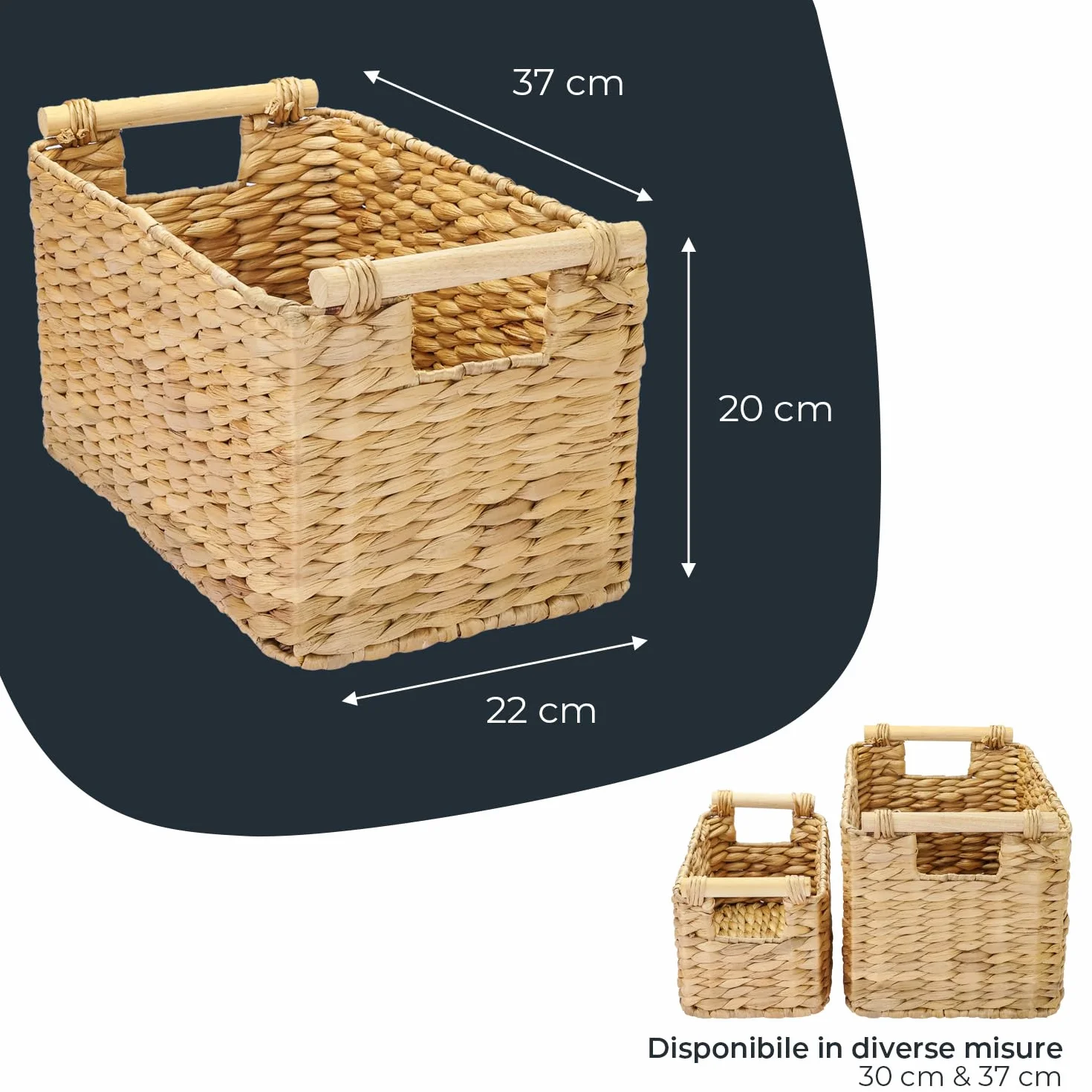 Cesto portaoggetti intrecciato in giacinto d'acqua con manici in legno 37 x 22 x 20 cm naturale