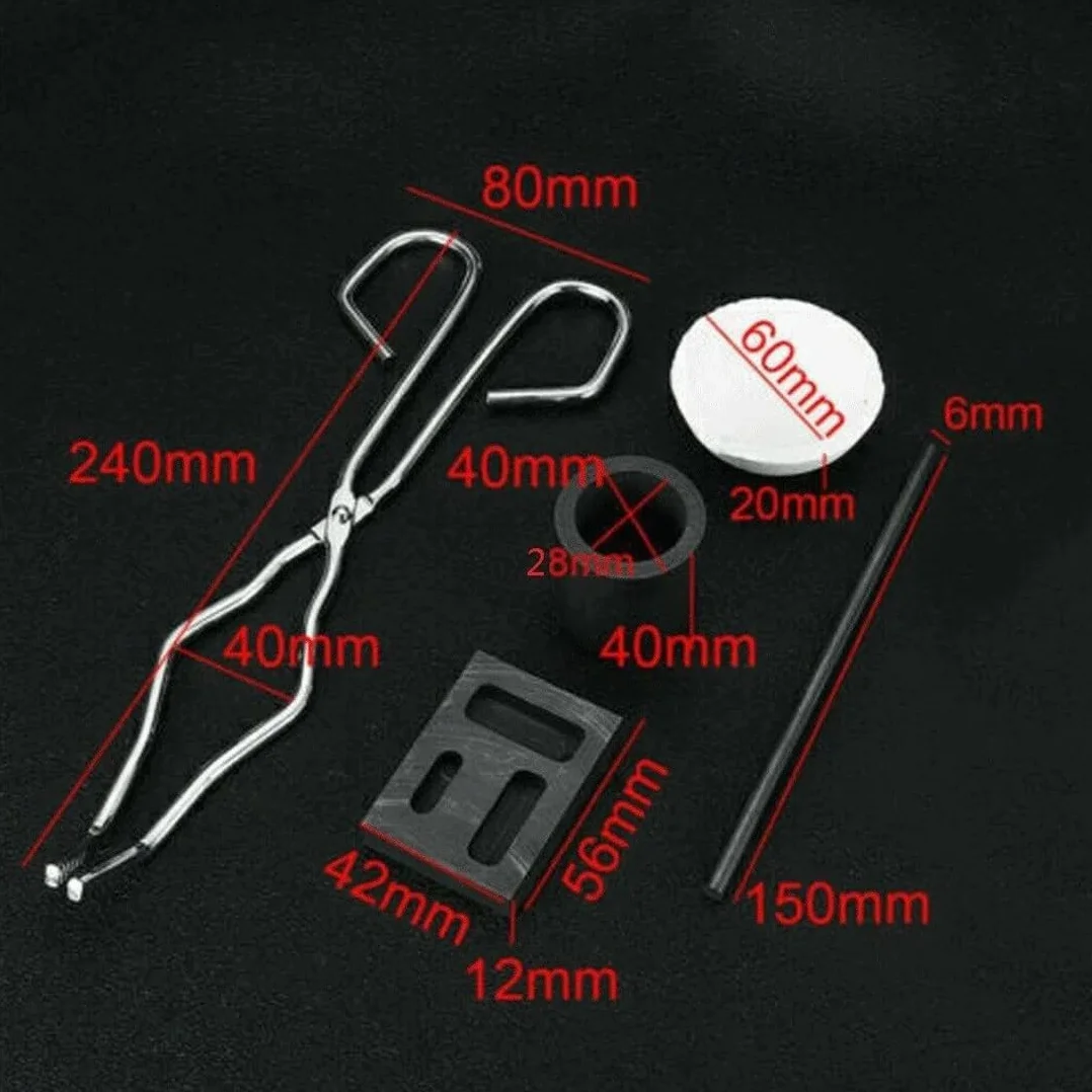 Kit di fusione per torcia, 6 pezzi, per raffinazione e creazione di gioielli in oro e argento, include barra, stampo per lingotti in grafite 3 in 1, crogiolo al quarzo, grafite cilindrica