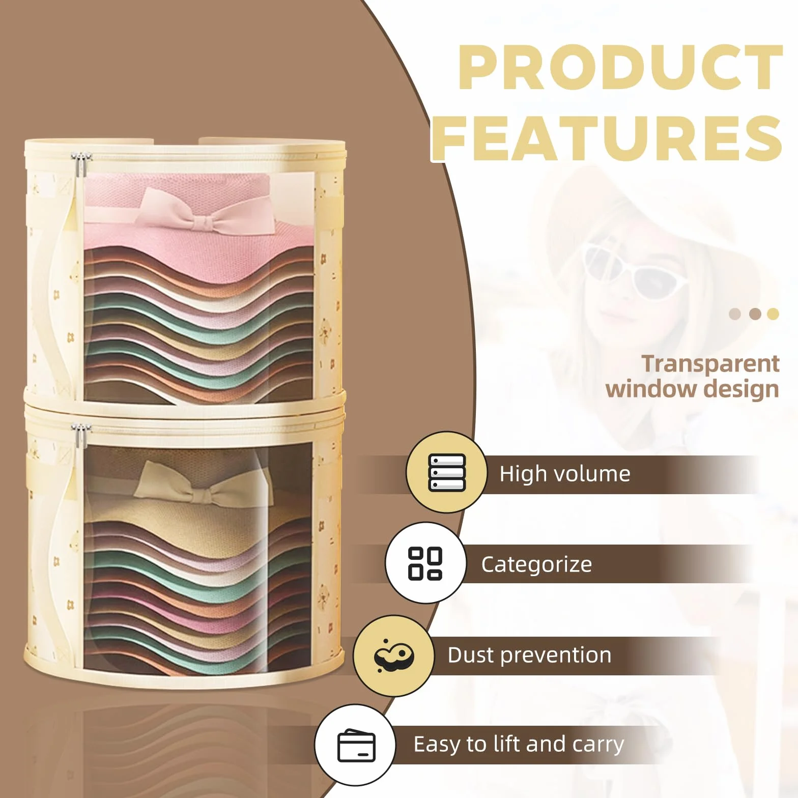 Cappelliera Rotonda con Coperchio, Scatole per Cappelliere Rotonde con Cerniera, Contenitore Per Cappelli Pieghevole, Porta Cappellini Grande per il Guardaroba o per il Viaggio, 2 Pezzi, Beige