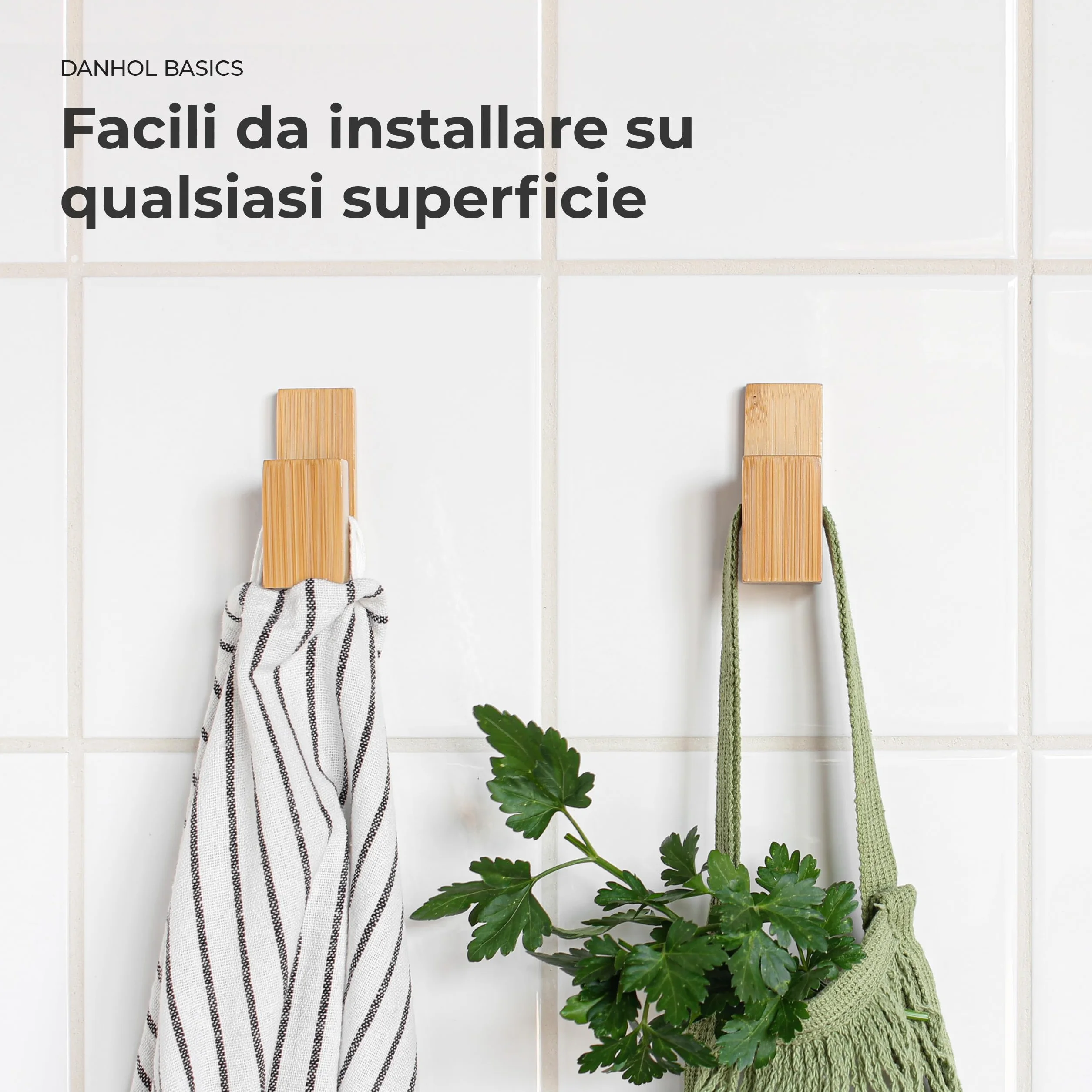 Ganci Appendiabiti Adesivi Bambù Set 4 - Portaasciugamano da Bagno Senza Forare