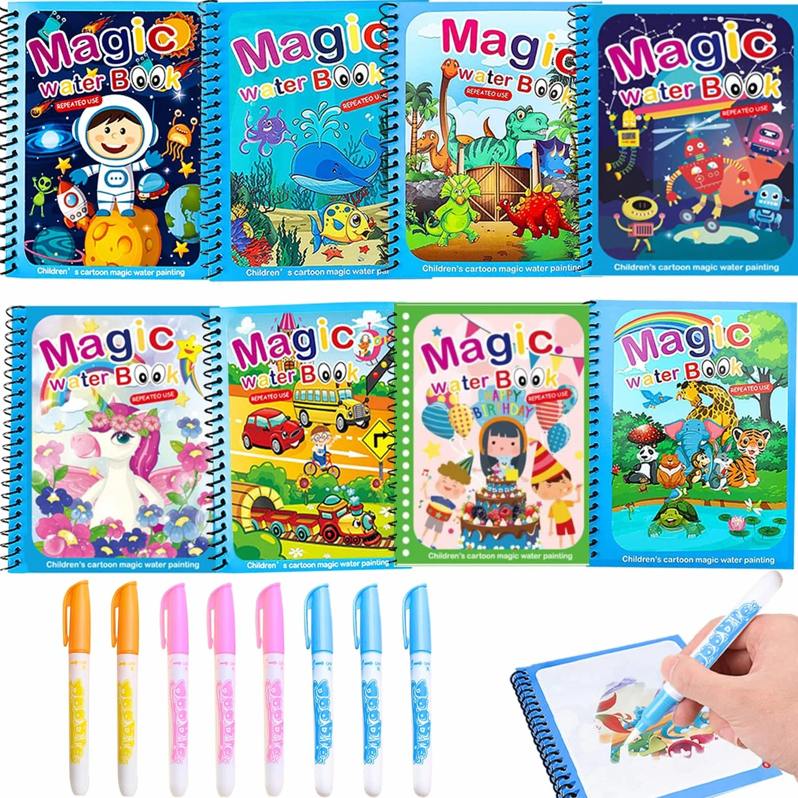 Magic Water Coloring Book 8 Pezzi Libri ad Acqua Bambini Drawing Libro da Colorare Doodle con Penna Magica Riutilizzabile Educativo