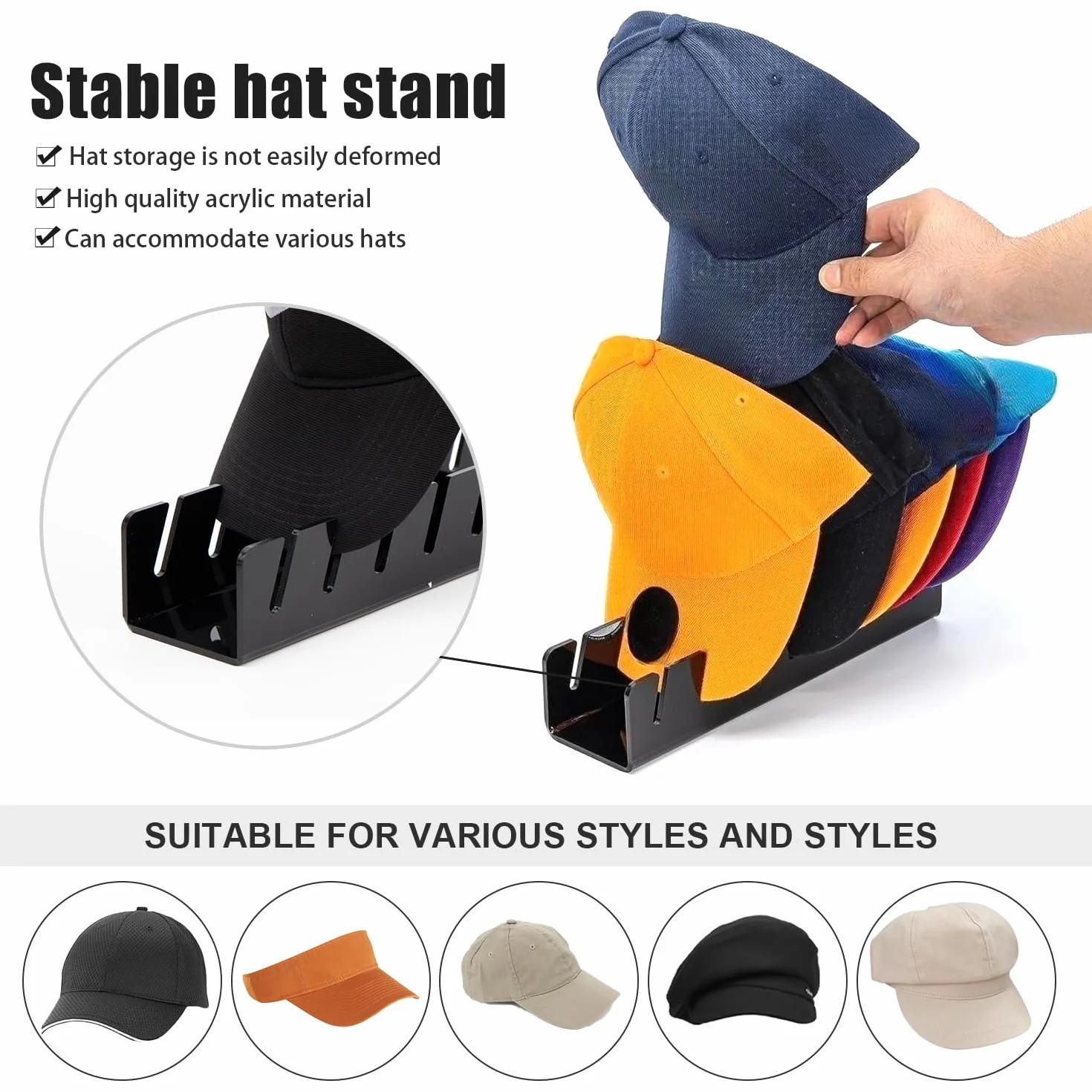 Porta Cappelli Portaoggetti - Espositore Cappelli, Appendi Cappelli, Organizzatore Baseball Cap, Cappelliera in Acrilico, Può Conservare 7 Cappelli, Neroi