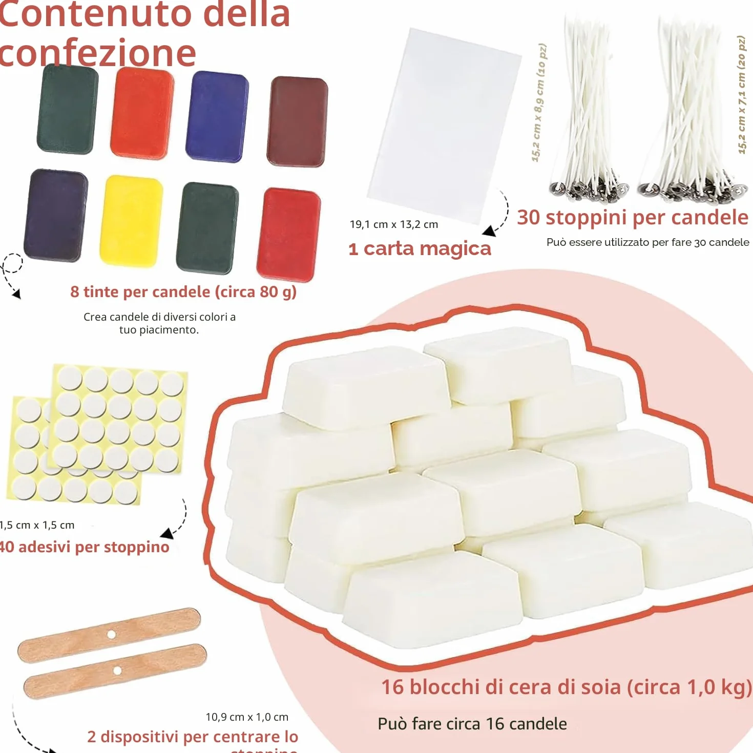 ETUOLIFE Kit per Candele Fai-da-Te Adatto per Principianti Adesivi in Lattine di Cera di Soia Naturale Avanzata con Wick Dye