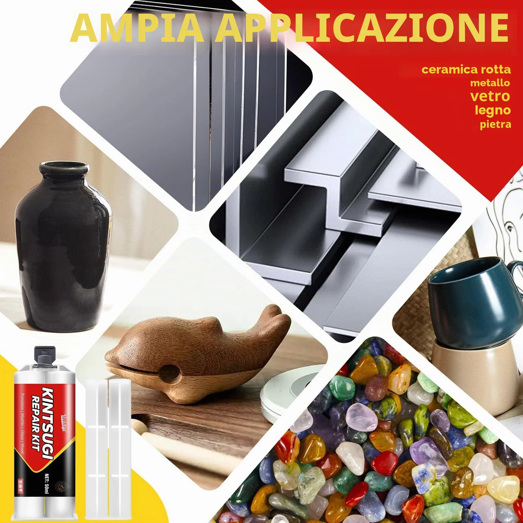 Kit di Riparazione Kintsugi 50ml - Colla Ceramica Abbinata a Polvere Dorata e Argentata per Ciotole e Vasi, Sicurezza della lavastoviglie kit kintsugi per Riparazione Perfetta di Oggetti Significativi