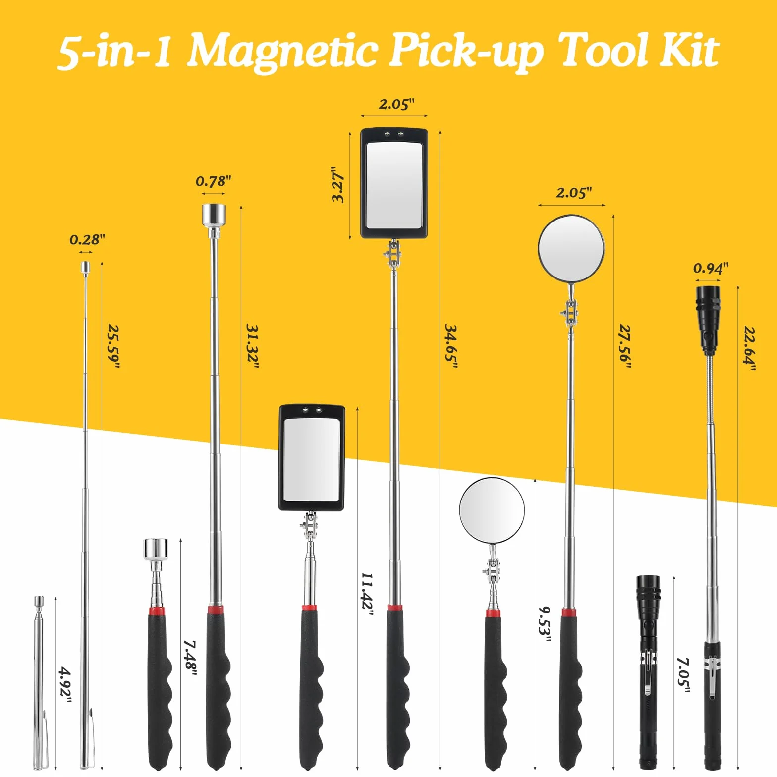 Housolution Kit di Strumenti Telescopici Magnetici, 5 pezzi con Impugnatura Retrattile, Prelievo Magnetica da 1&15 lbs, Specchio di Ispezione Rotondo e Quadrato Regolabile a 360°,Torcia LED Flessibile