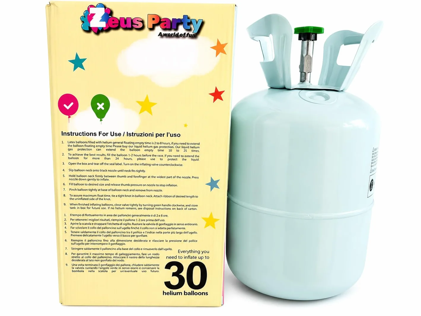 Zeus Party Elio per palloncini - Kit Bombola gas elio per il gonfiaggio di 30 palloncini NON INCLUSI per feste e party di ogni genere - circa 0,29 metri cubi di elio PURO