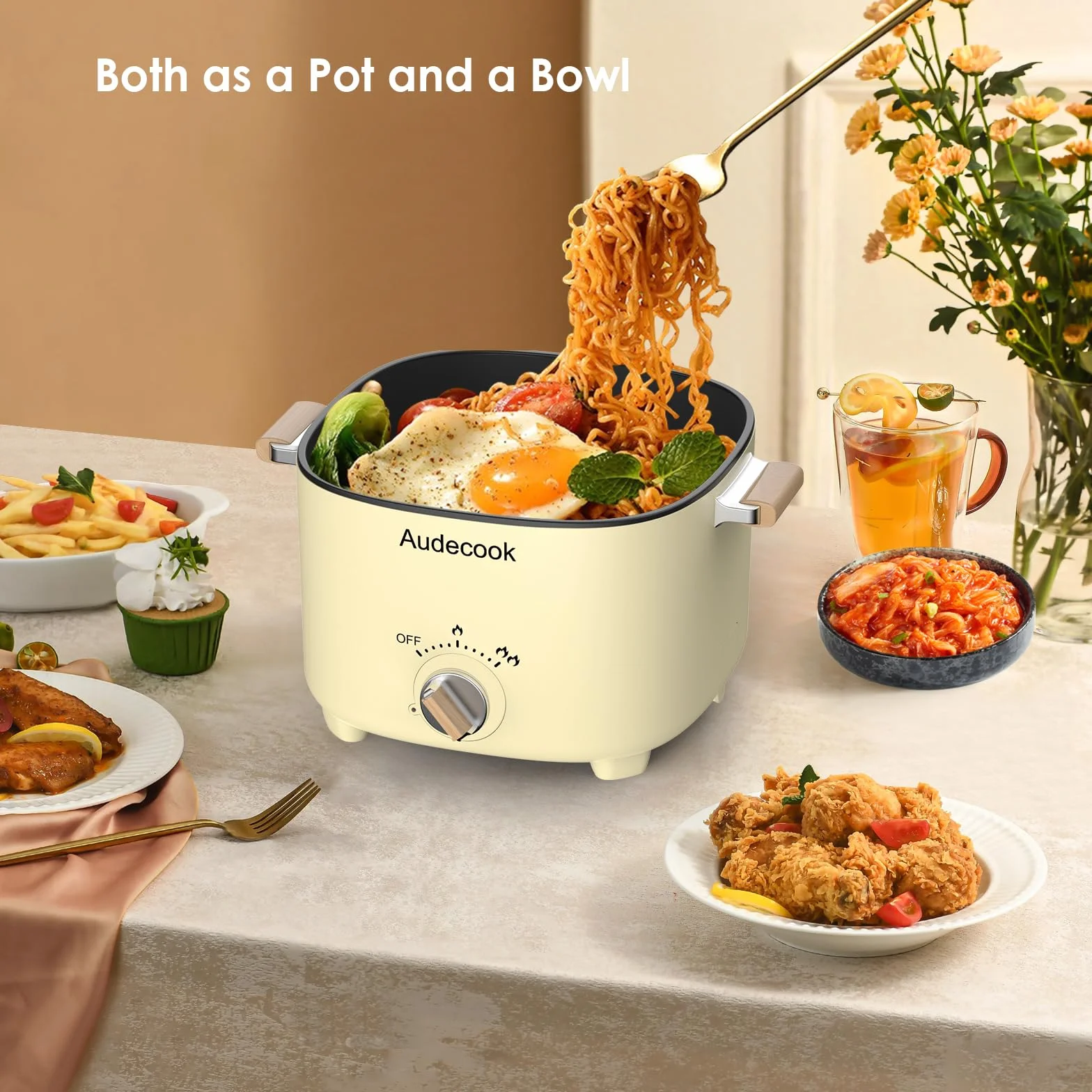 Audecook Hot Pot Elettriche 2.5L, Portatile Mini Antiaderente Pentola Elettrica per 1-3 Persone, Padella Elettrica Multifunzionale di Doppio Controllo per Pasta/Zuppa/Uova/Bistecca (Beige)