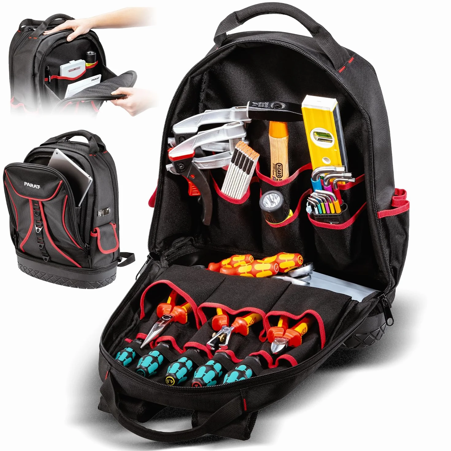 PARAT Basic, zaino per attrezzi da 23 l, per elettricisti, zaino in nylon resistente, con 15 scomparti e 6 passanti in gomma, zaino per elettricisti con fondo rinforzato