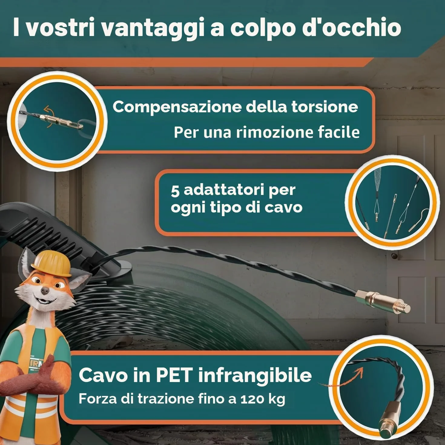 La sofisticata sonda passacavi 30M per tubi vuoti di FAIRMO - Molla elettricista in PET da 4 mm incl. 5 adattatori - Sonda elettricista infrangibile - Sonda tiracavi per un lavoro pulito