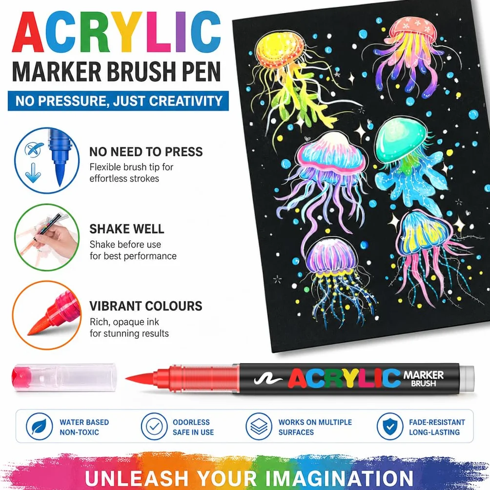 Melifluo Pennarelli Acrilici a Punta a Pennello, Set 72 Marker Acrilici Impermeabili a Base d'Acqua per Sassi Vetro Ceramica Legno e Tessuto, Colori Acrilici Asciugatura Rapida per Adulti e Fai-da-Te