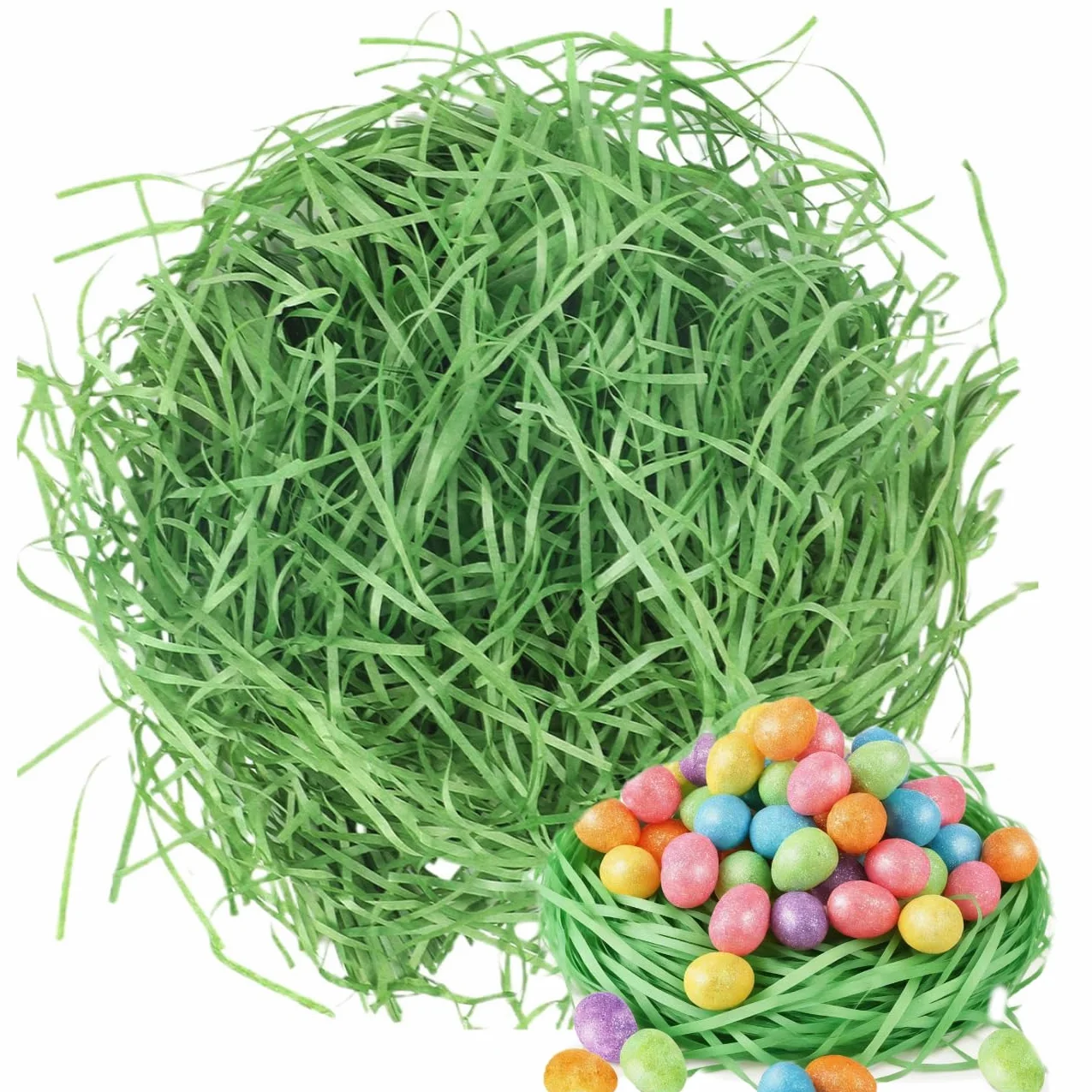 Paglia per Cesti,Erba di Pasqua,Carta Velina Tagliuzzata 200g,Paglia per Scatole Regalo,Riempimento Scatola Regalo,Paglia per Presepe,Paglia Carta per Bomboniere per Nidi e Cesti Pasquali(Verde)