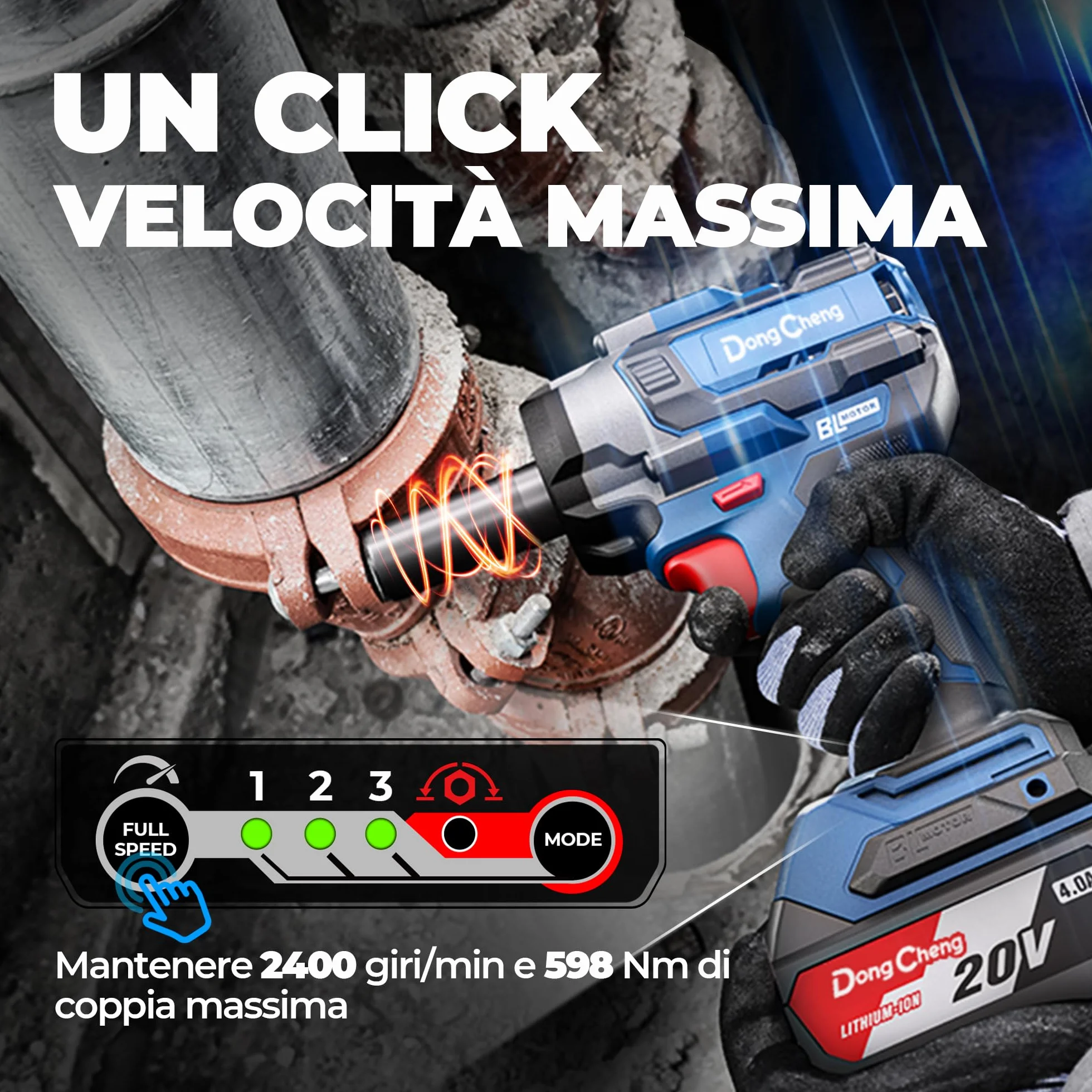 DongCheng Chiave ad Impulsi Senza Fili 20V 4.0Ah Li-ion 800 Nm 2400 giri/min 4 Velocità