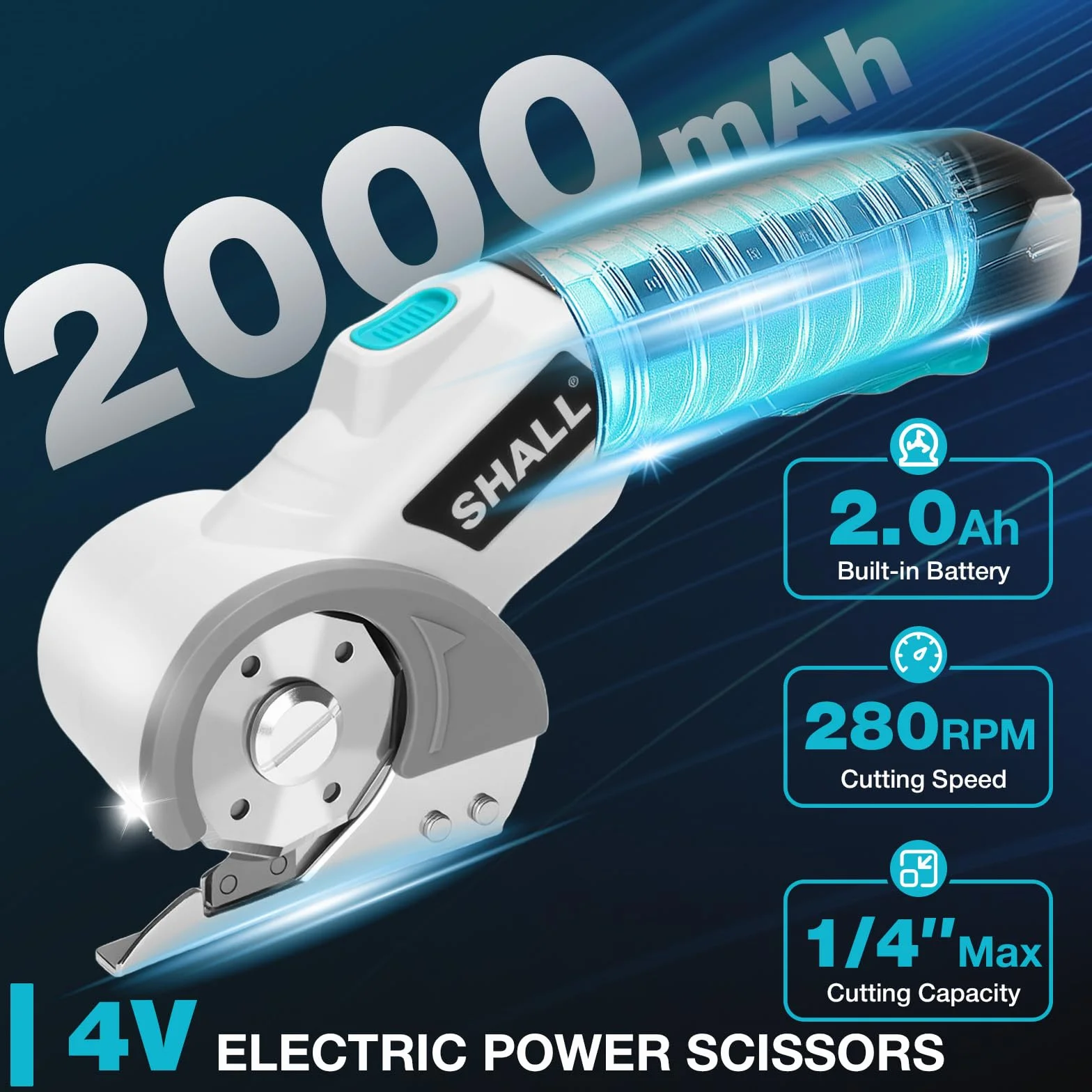 SHALL Forbici elettriche senza fili 4V con blocco di sicurezza, luce LED e lama di ricambio – Taglierina rotante ricaricabile per tessuto, pelle, moquette, cartone e plastica